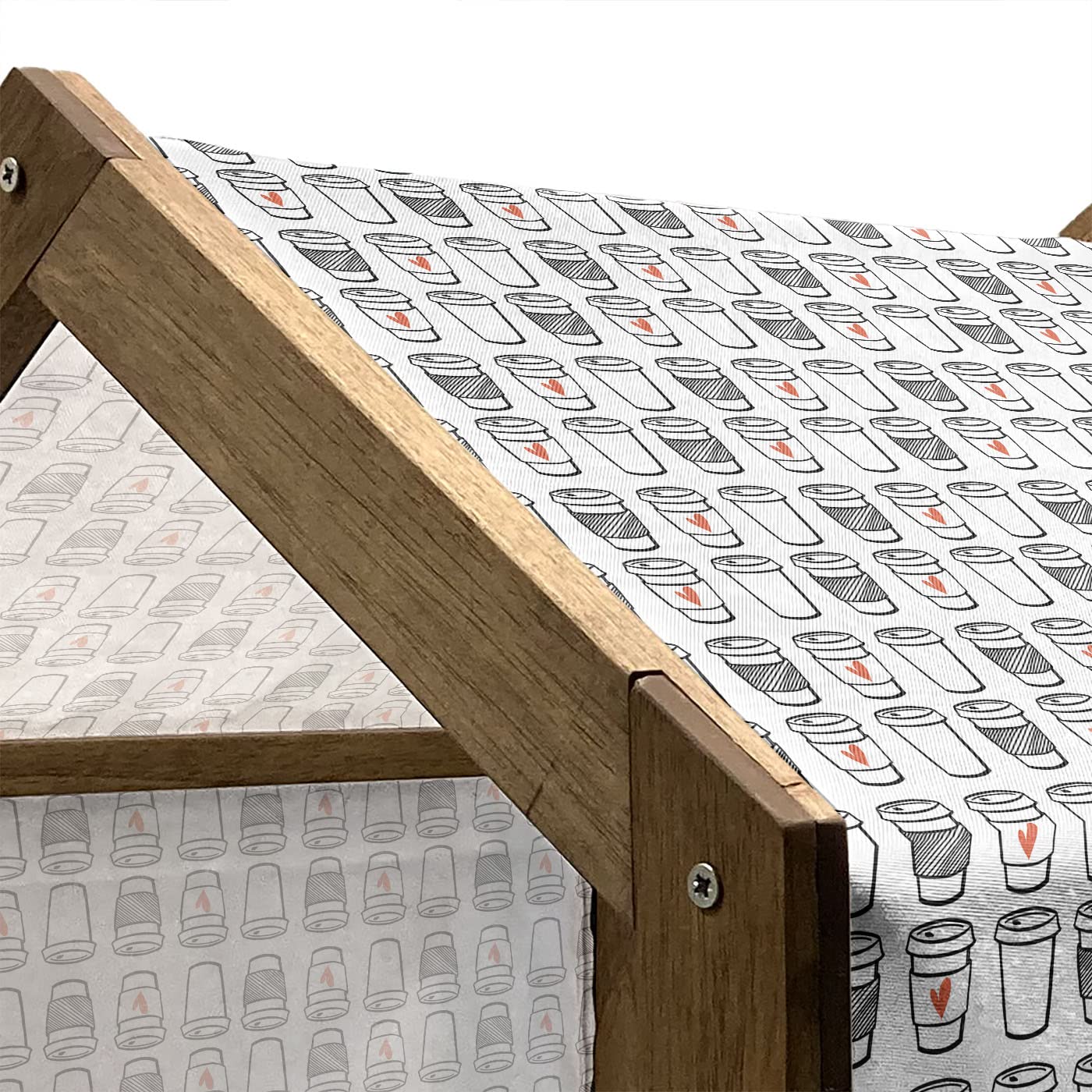 Lunarable Modern Wooden Pet House for Dogs - Stylish Coffee Cup Design with Doodle Stripes & Heart Pattern, Indoor/Outdoor Portable Dog Kennel with Removable Pillow & Cover - Medium Size (Orange, Black, White) - Perfect for Home, Patio, or Travel Use