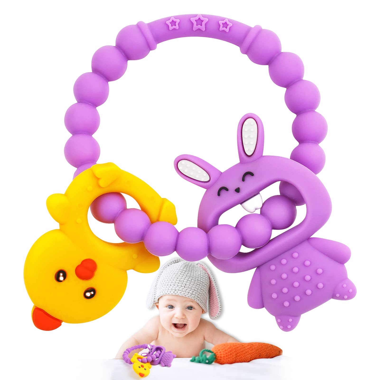 **Easter Teething Toys for Babies 0-12 Months - Soft Silicone Chew Toys for Infants (Purple Bunny & Chicken) - Perfect Easter Basket Stuffers & Gifts for Boys & Girls - Soothe Sore Gums During Playtime & Travel**
