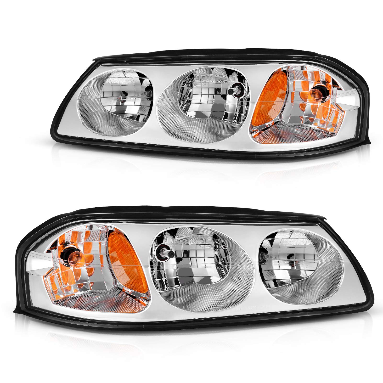 DWVO Headlight Assembly for 2000-2005 Chevy Impala - Chrome Housing with Amber Reflector - Replacement Headlights for Improved Night Driving Safety