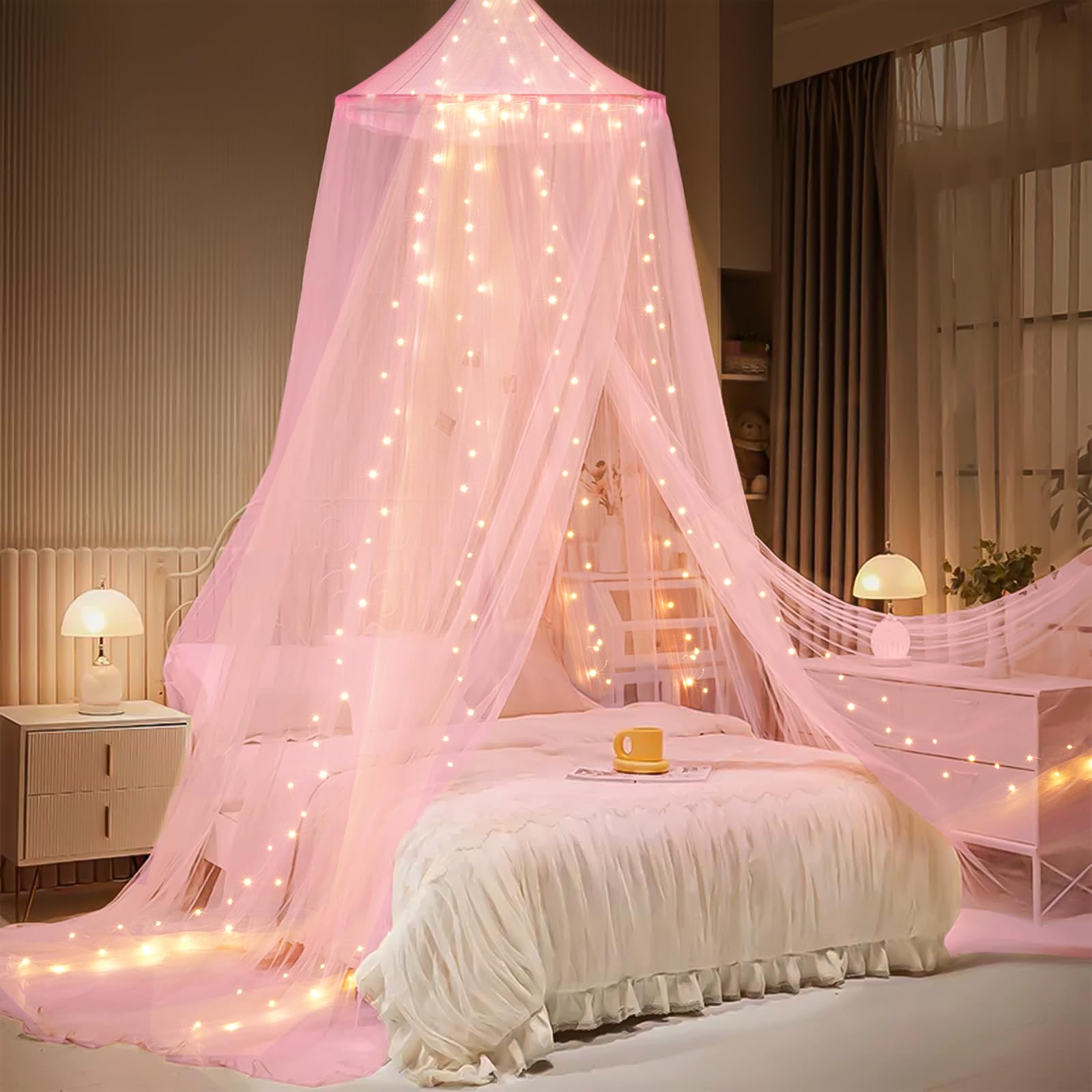 **Princess Bed Canopy with LED Lights & Luminous Stars - Pink Bed Canopy for Girls, Kids & Adults - Twin to King Size Bed Canopy Curtains - Perfect for Bedroom Decor, Reading Nook, Indoor Playroom & Outdoor Camping**