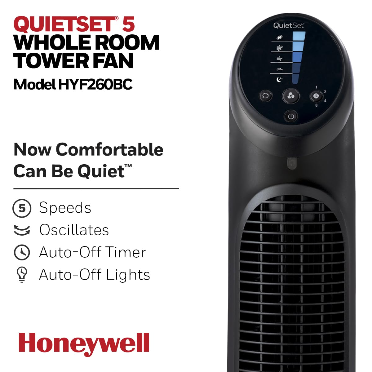 Honeywell QuietSet Tower Fan with 5 Speed Settings - Black | Powerful & Quiet Cooling for Home, Office & Bedroom