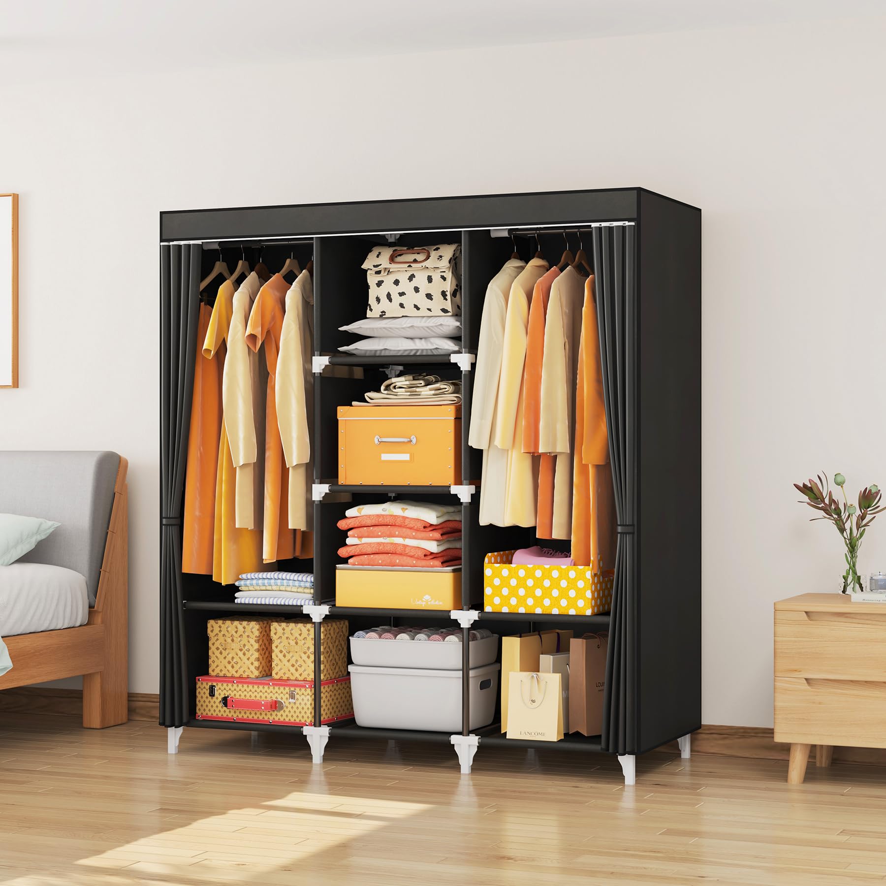 53 Inch Portable Closet with 2 Hanging Rods & 8 Shelves - Non-Woven Fabric Wardrobe for Clothes Storage - Easy Assembly Black - Perfect for Bedroom, Dorm, Apartment & Small Space Organization
