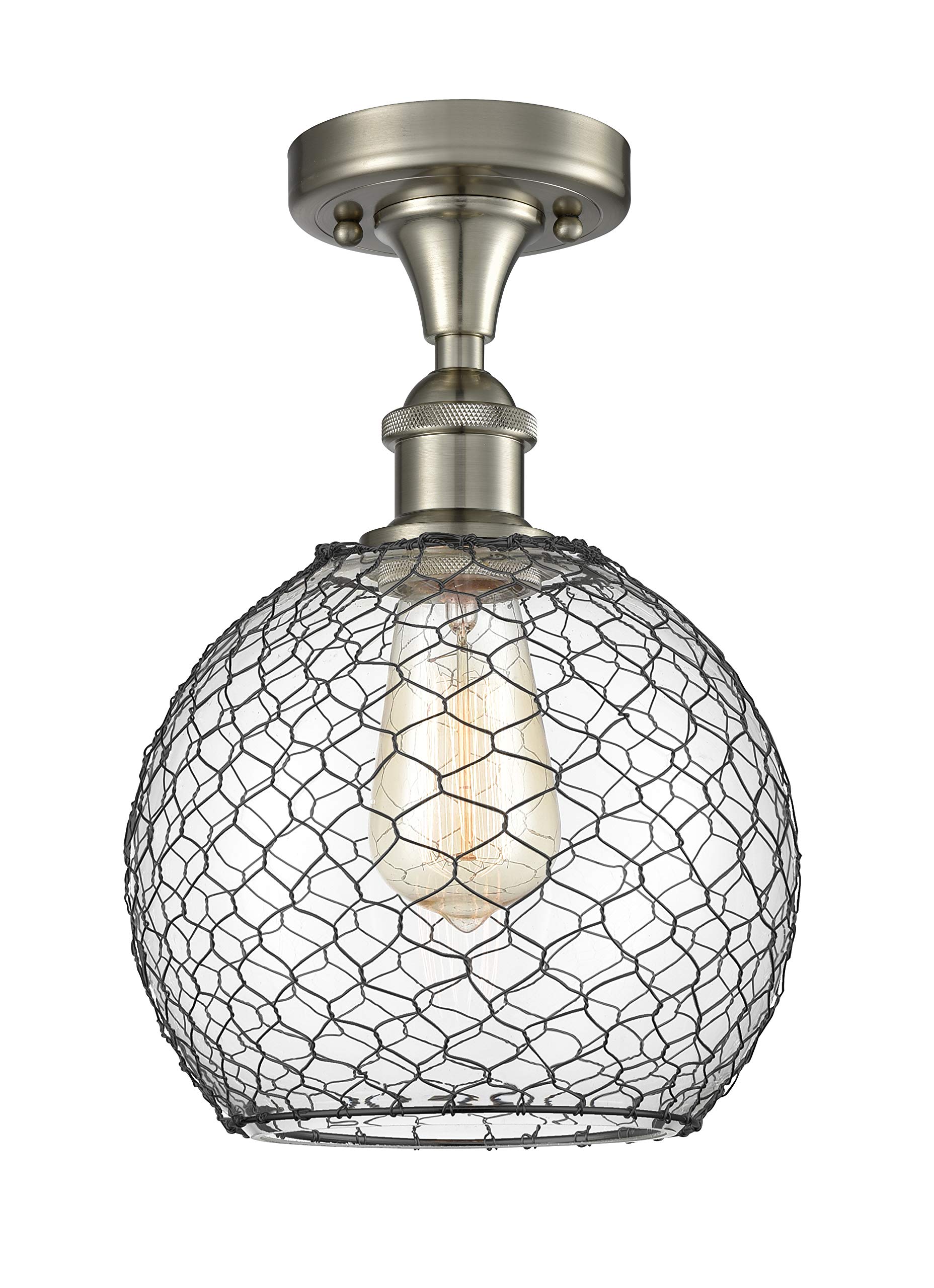 Ballston Collection Farmhouse Chicken Wire 1-Light Semi-Flush Mount Ceiling Light Fixture - Brushed Satin Nickel Finish - Vintage Style LED Lighting for Kitchen, Dining Room or Bedroom
