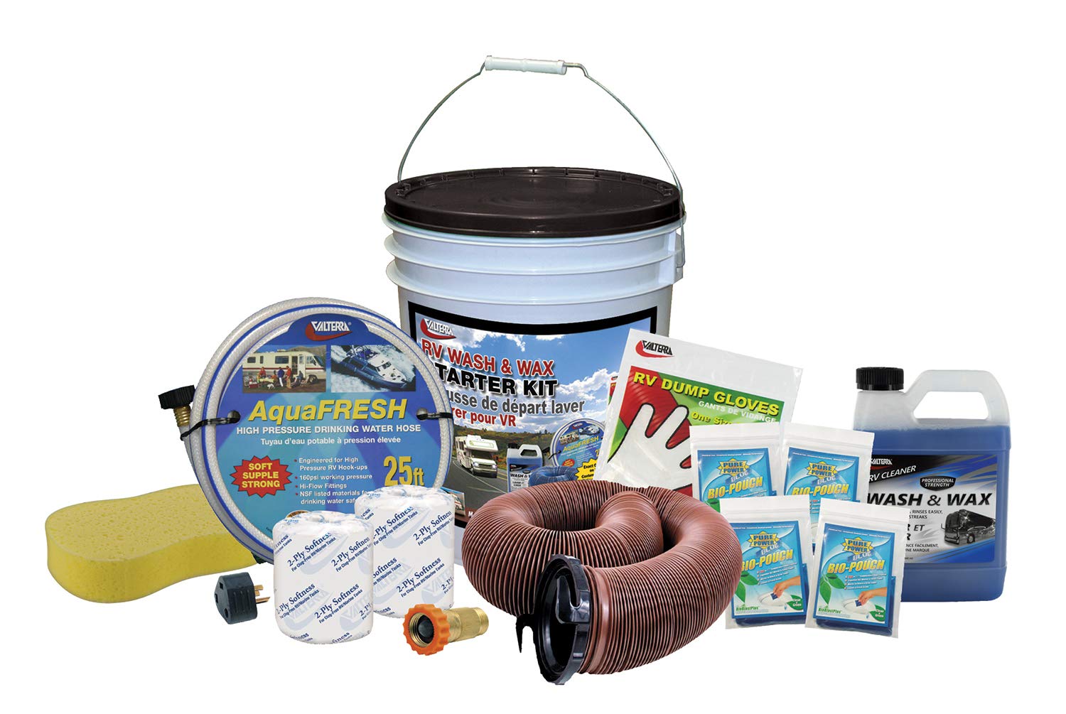 Valterra K88131 Deluxe RV Starter Kit with Bucket & Wash Wax Kit - 1 Pack White | Complete RV Cleaning Solution for Campers, Trailers & Motorhomes
