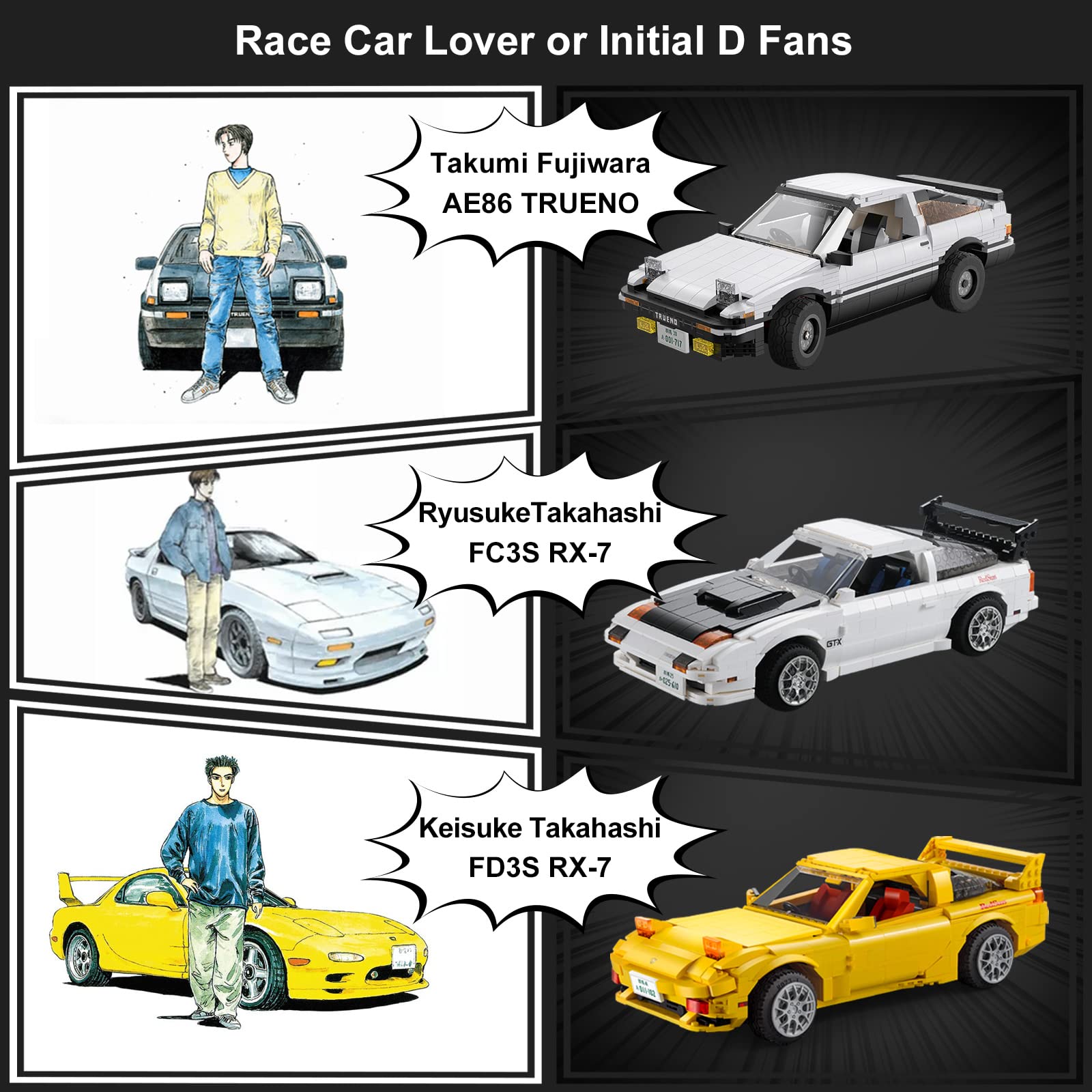 1:12 Scale Initial D Mazda RX7-FD Toy Car Building Set - Collectible Model Racing Car with Simulation Cockpit, Compatible with LEGO - Perfect Gift for Anime Fans & Kids (Great for Display, Racing Play & DIY Projects)