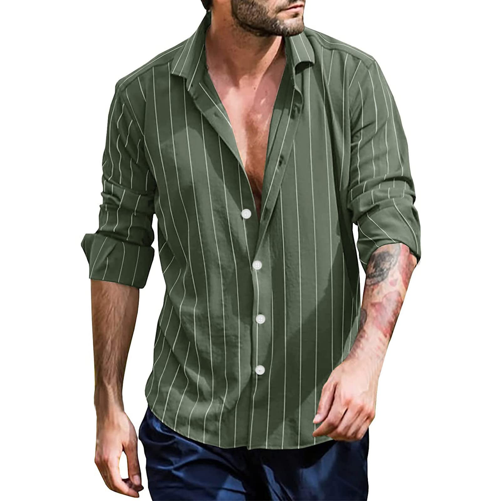 Men's Casual Striped Dress Shirts - Long Sleeve Lapel Collar Loose Fit Blouse for Spring/Summer | Office Wear, Business Casual & Daily Fashion Outfits