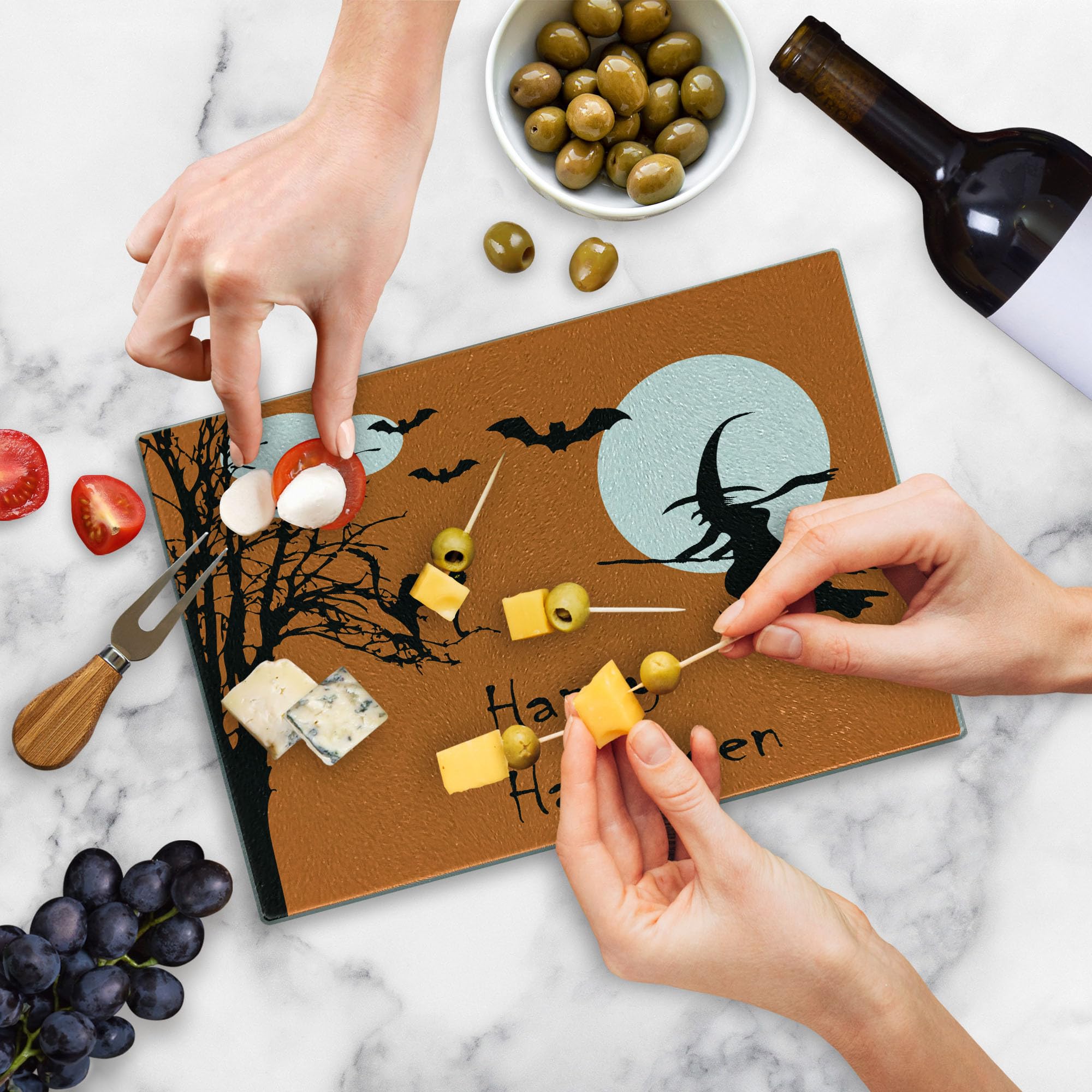 Lunarable Halloween Witch Cutting Board - Flying Witch, Full Moon, Bat Silhouette Design - Tempered Glass Serving Board for Kitchen & Party Decor - Small Size Orange Black White - Perfect for Halloween Parties, Kitchen Decor & Gift Giving