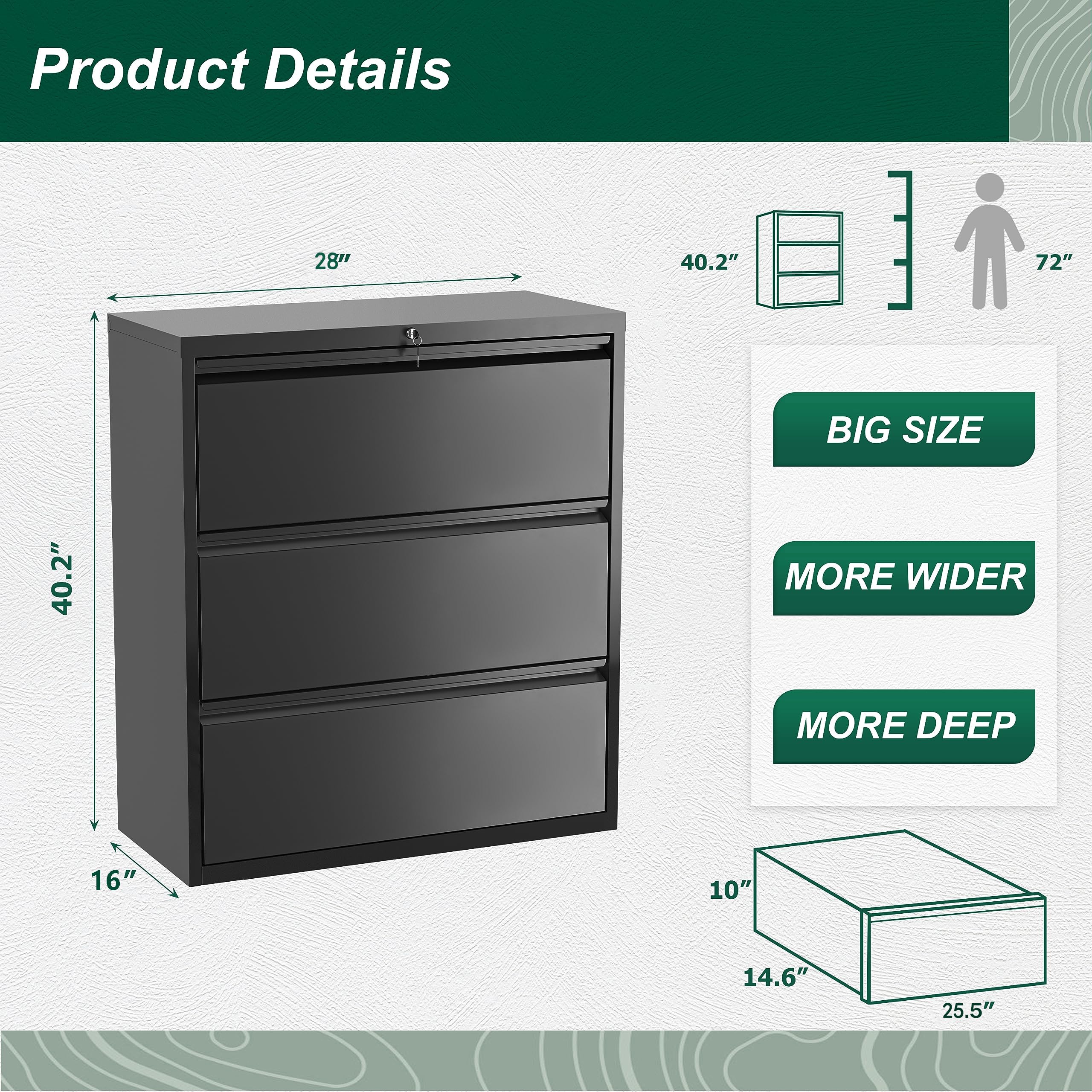 Superday 3-Drawer Lateral File Cabinet - Black Metal Office Filing Cabinet with Locking Drawers for Home & Office - Organize Legal, Letter, A4, F4 Documents