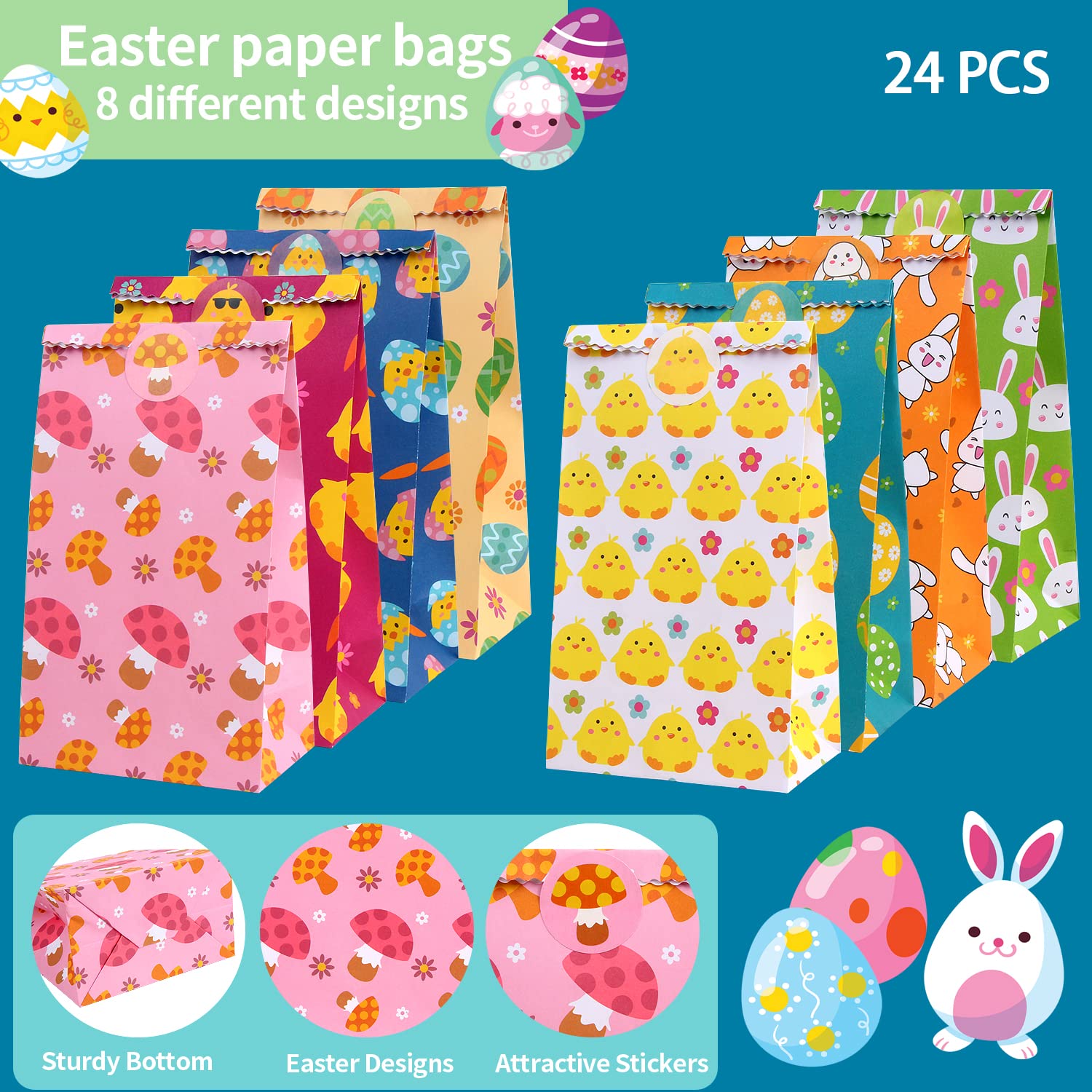 LOKIPA 24PCS Easter Paper Candy Bags with 4PCS Stickers - Pastel Colored Party Favors for Easter Egg Hunt, Classroom Treats & Spring Celebration Gifts