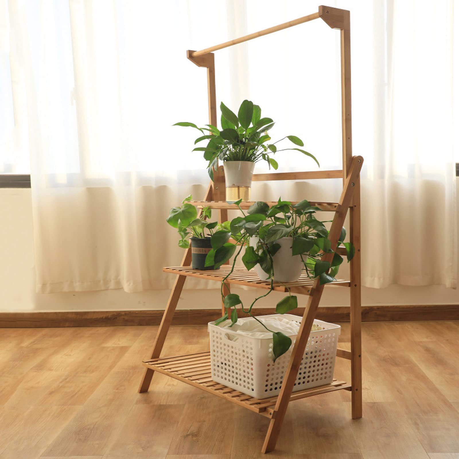 LIGUOYI 3-Tier Bamboo Plant Stand - Foldable Flower Pot Holder Shelf for Indoor & Outdoor Plants | Perfect for Garden, Balcony, Living Room & Patio Decor | Space-Saving Multi-Tier Plant Display Rack
