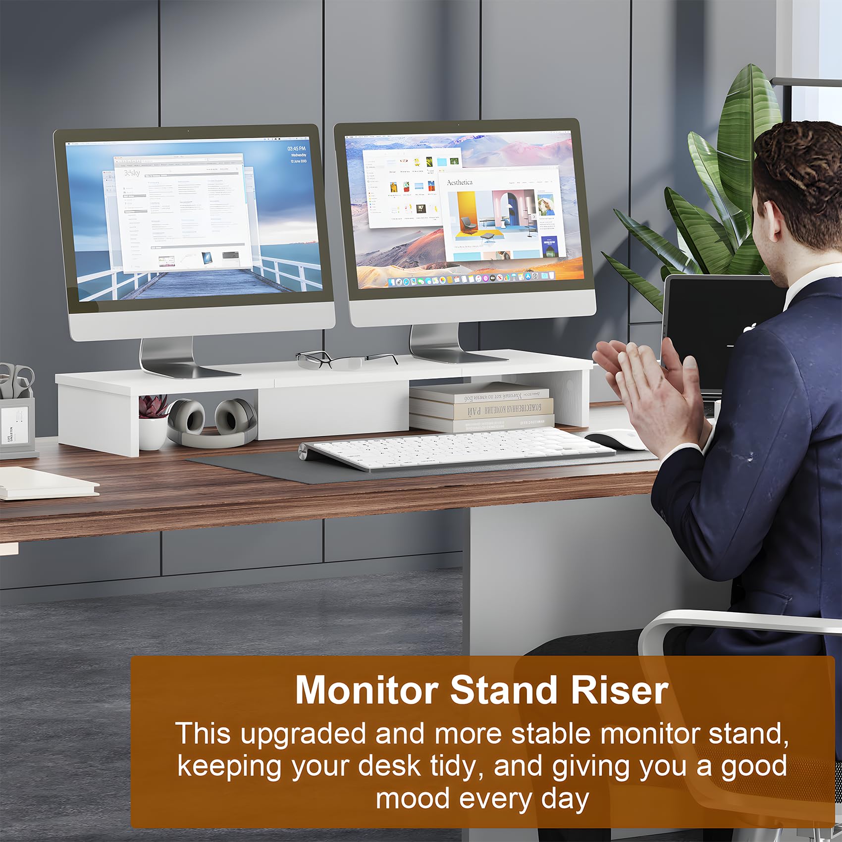 Dual Monitor Stand Riser for 2 Monitors - Large Adjustable Desk Shelf Organizer for Computer, Printer, TV - Perfect for Home Office & Gaming Setup (White)