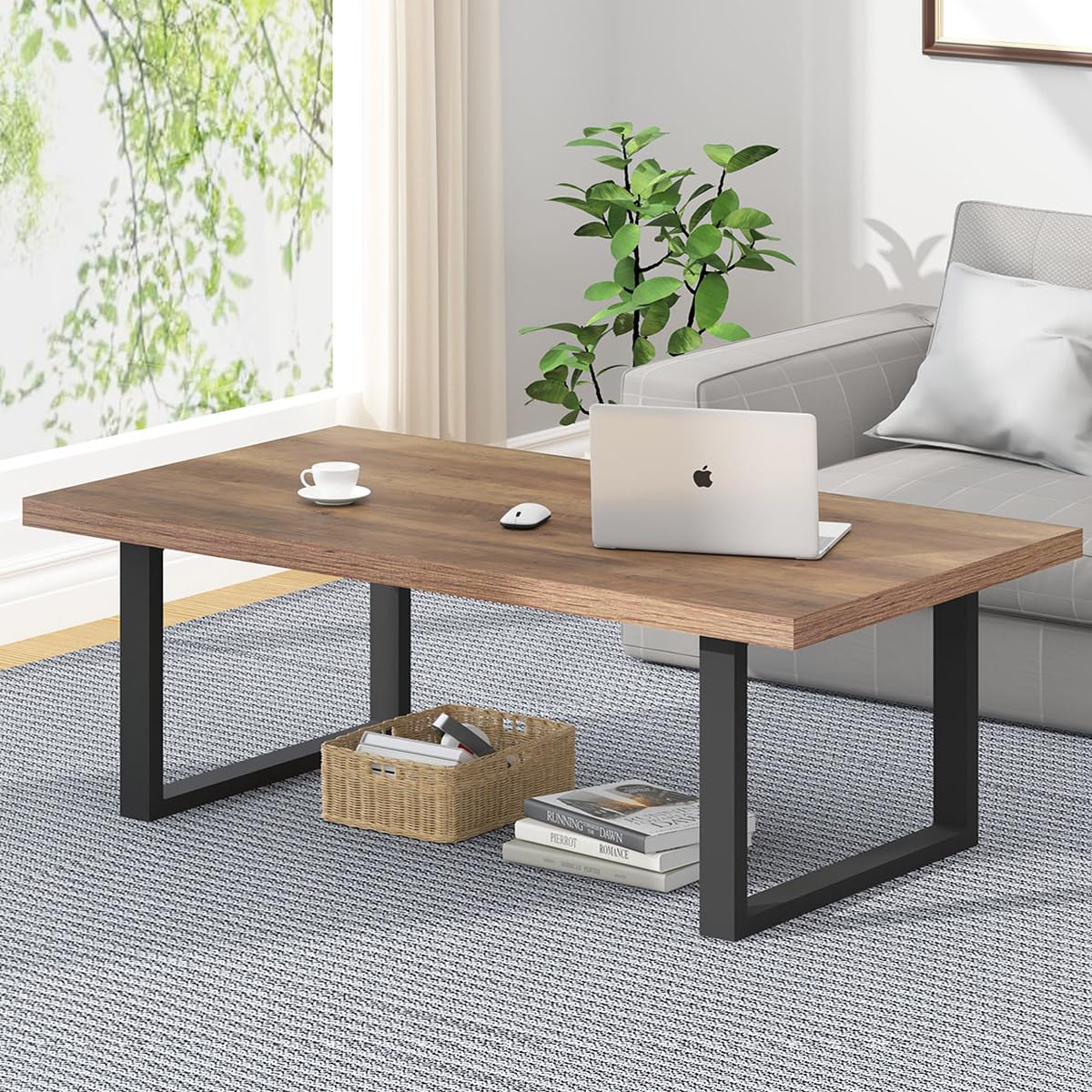 IBF Farmhouse Coffee Table - 47 Inch Modern Industrial Rectangle Center Table with Rustic Oak Finish, Wood & Metal Tea Table for Living Room, Bedroom, Office - Perfect for Cozy Gatherings & Home Decor