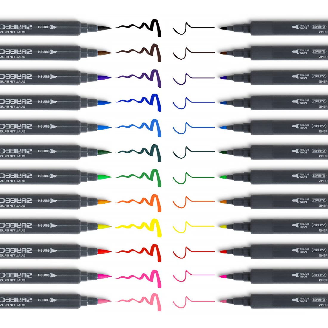 SAYEEC 12 Colors Dual Tip Markers - Brush & Fine Liner Art Pens for Sketching, Calligraphy, Coloring - Water-Based Non-Toxic Markers for Adults & Kids - Perfect for Drawing, Painting, Underlining & Bullet Journaling