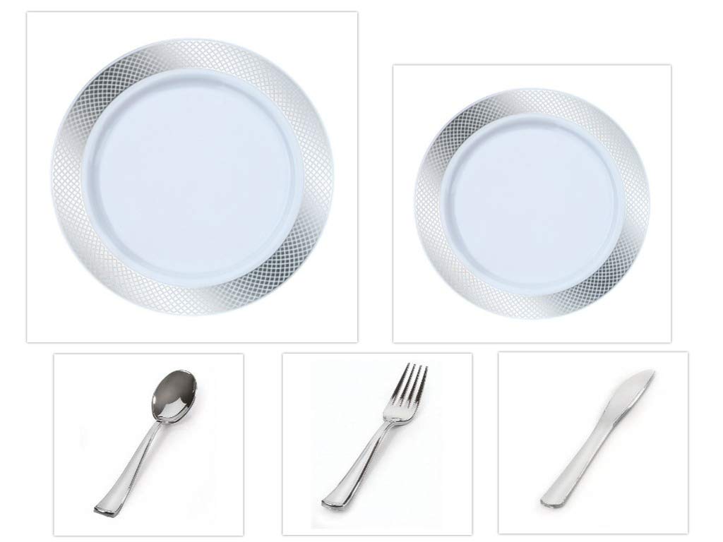 Premium 9-Inch Crystal Diamond White Dinner Plates & 7-Inch Salad Plates with Silver Diamond Border - Elegant Plastic Dinnerware Set for 120 Guests - Perfect for Weddings, Banquets, and Upscale Party Dining