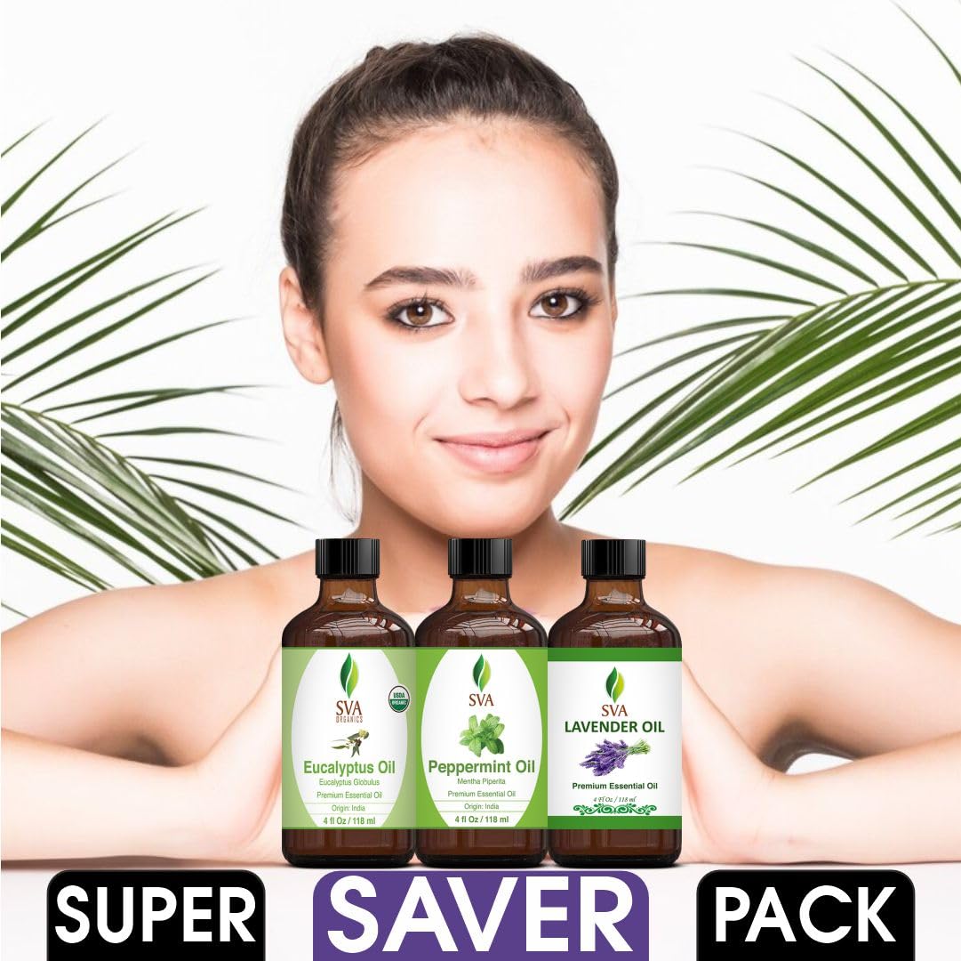 **Premium Peppermint, Lavender & Eucalyptus Essential Oil Set - 4oz Bundle for Aromatherapy, Scalp Massage, Hair & Skin Care - Relaxation, Stress Relief & Home Spa Use**