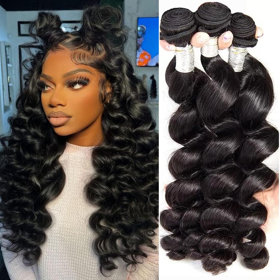 12A Brazilian Human Hair Loose Wave Bundles - 3 Pack 100% Unprocessed Virgin Hair Extensions | Natural Black Deep Wave Weft Hair for Styling & Volume | Perfect for Daily Wear, Parties & Special Occasions
