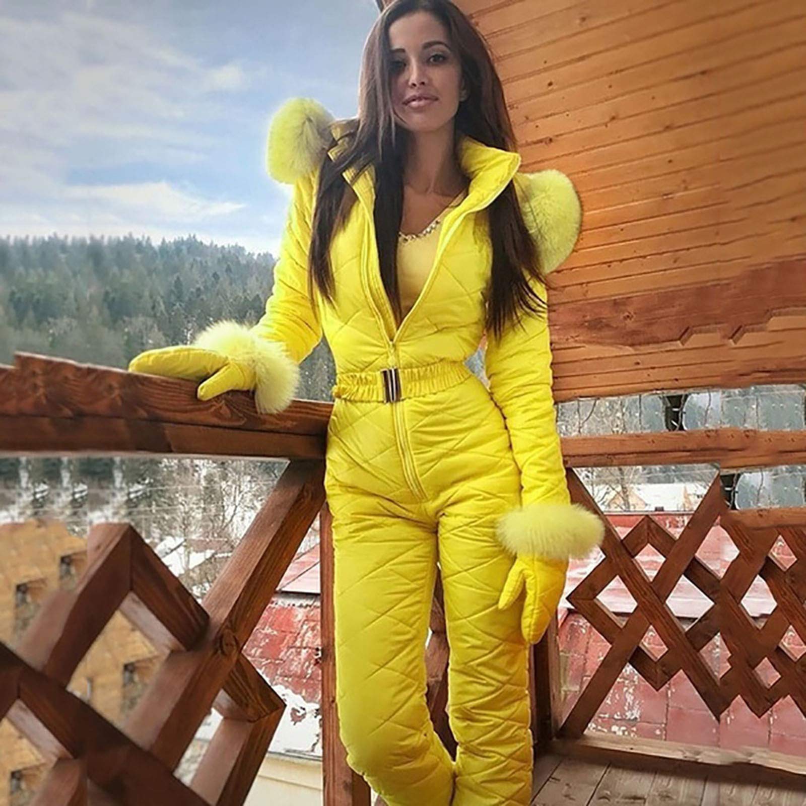 Women's Waterproof Ski Suit with Fur Collar - Winter Snow Jumpsuit for Skiing & Outdoor Sports - Slim Fit Hooded Romper for Cold Weather Adventures