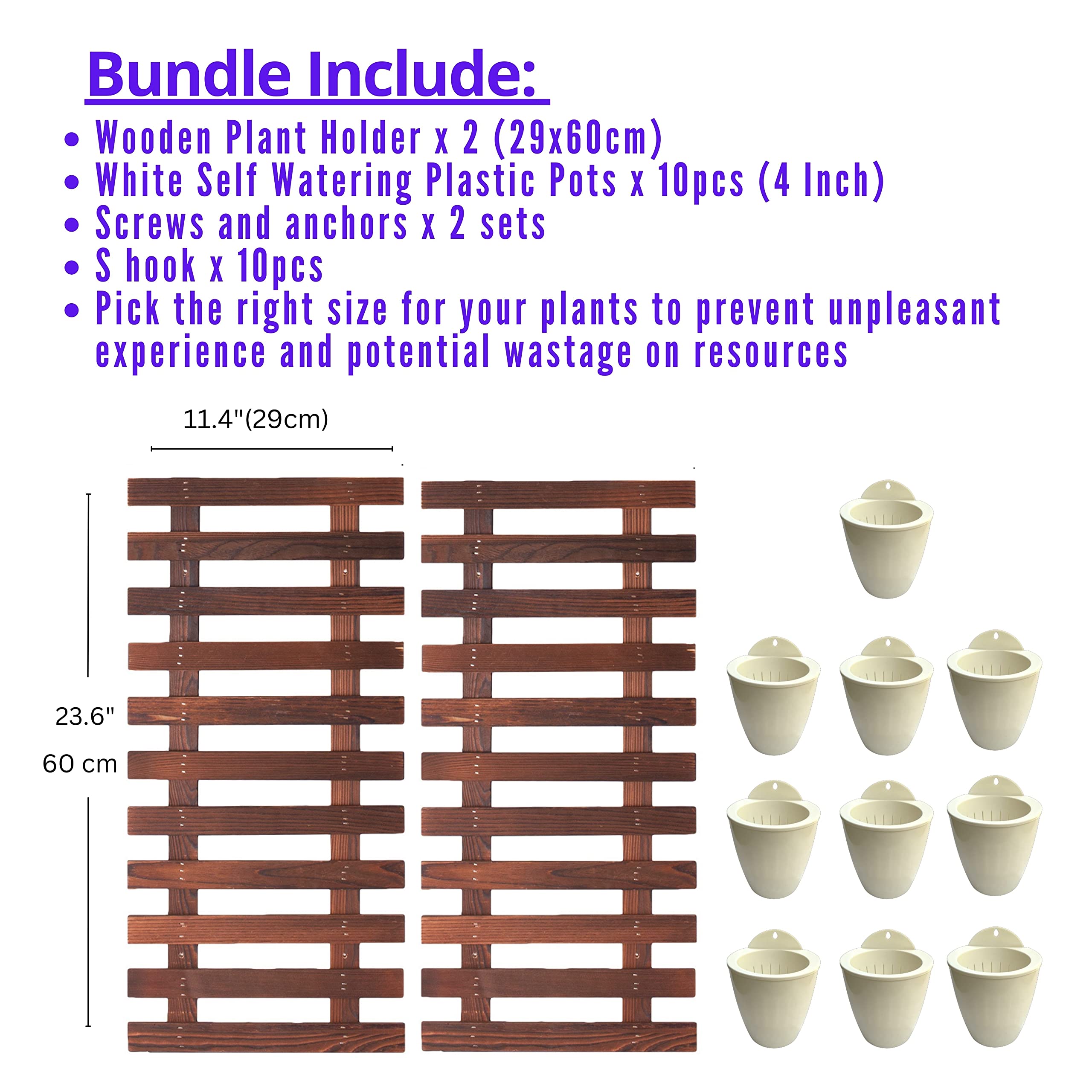 ShopLaLa Bundle - 4 Inch Self Watering Plant Pots with 2 Pack Wooden Planter Holders, Indoor Vertical Wall Garden Kit for Herbs & Succulents | Space Saving Hydroponic System for Kitchen, Balcony & Small Apartments