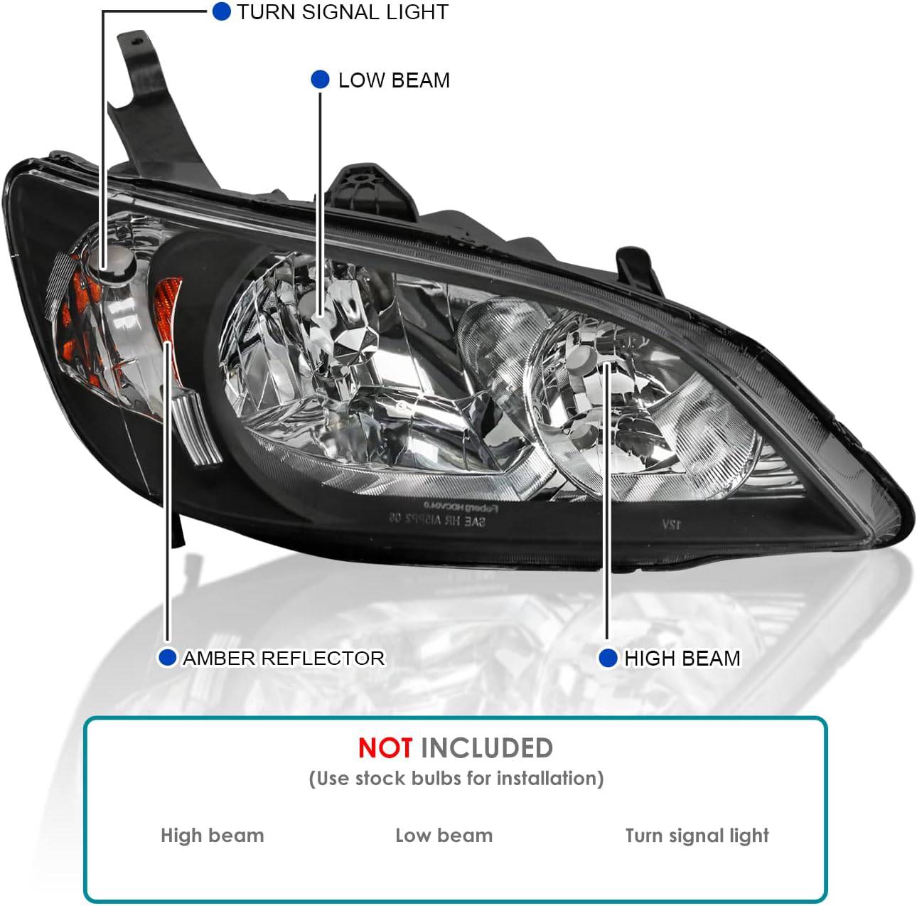 2004-2005 Honda Civic Crystal Headlights - Matte Black Housing with Clear Lens | Replacement Headlight Assembly for Improved Night Visibility | Perfect for Daily Commuting & Night Driving