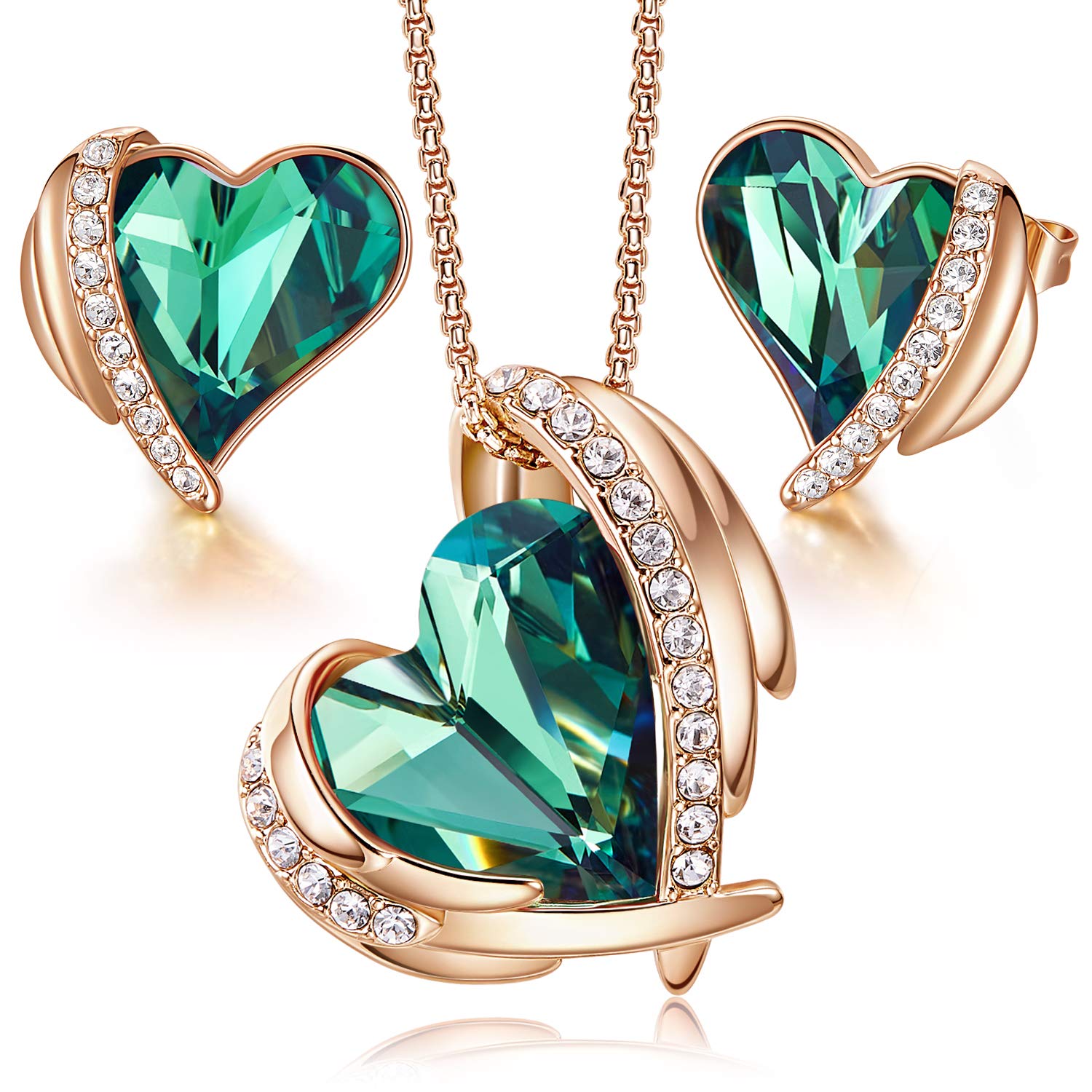 Rose Gold Crystal Heart Necklace and Earrings Set for Women - Birthstone Jewelry Gift for Wife, Mom, Girlfriend - Valentine’s Day, Mother’s Day, Christmas, Anniversary, Birthday Present - Perfect for Date Night, Party, Wedding, Special Occasions