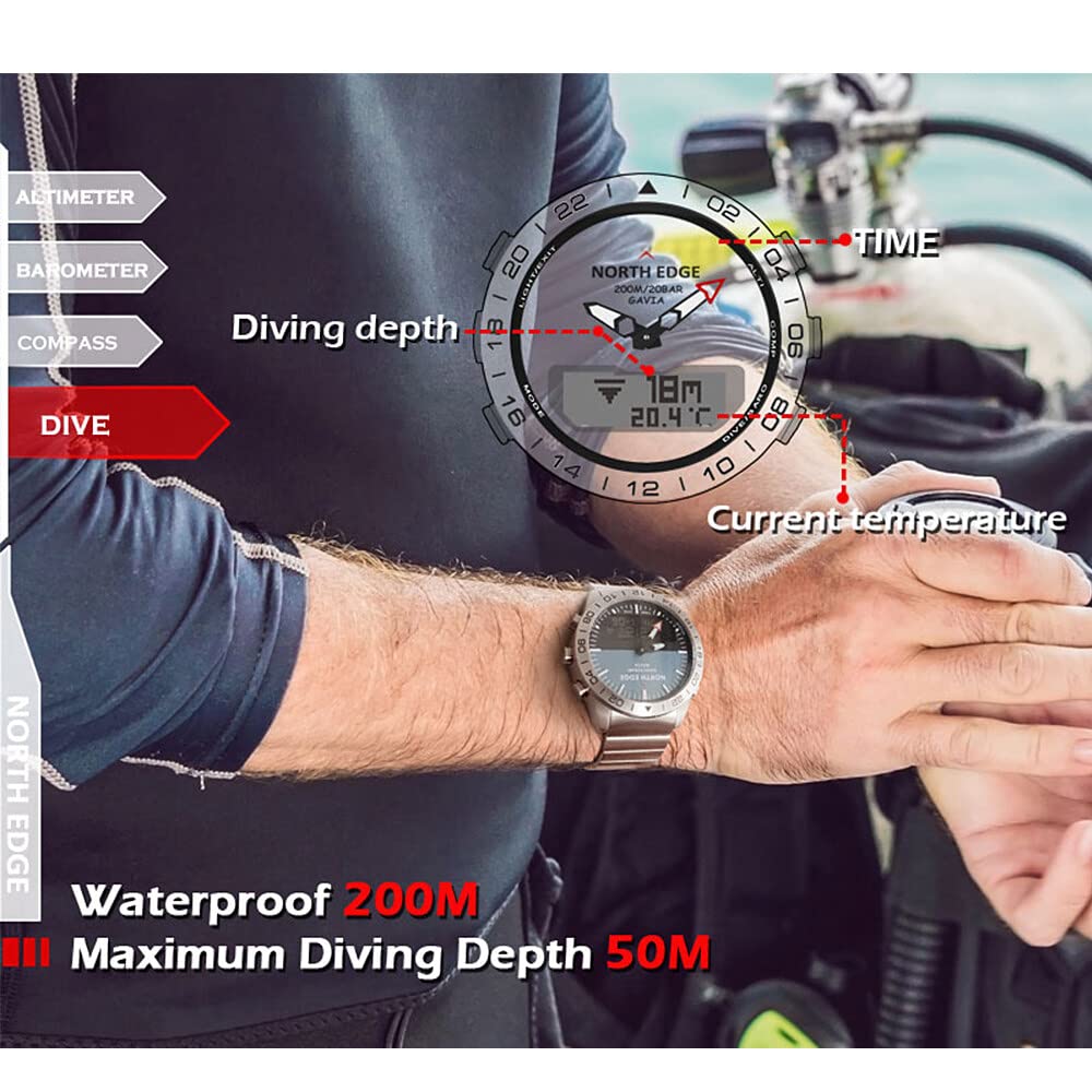 Rofawee Men's Sports Digital Analog Watch - Waterproof Diving Watch with Altimeter & Compass - 200M Stainless Steel Business Wristwatch for Swimming, Hiking & Outdoor Activities