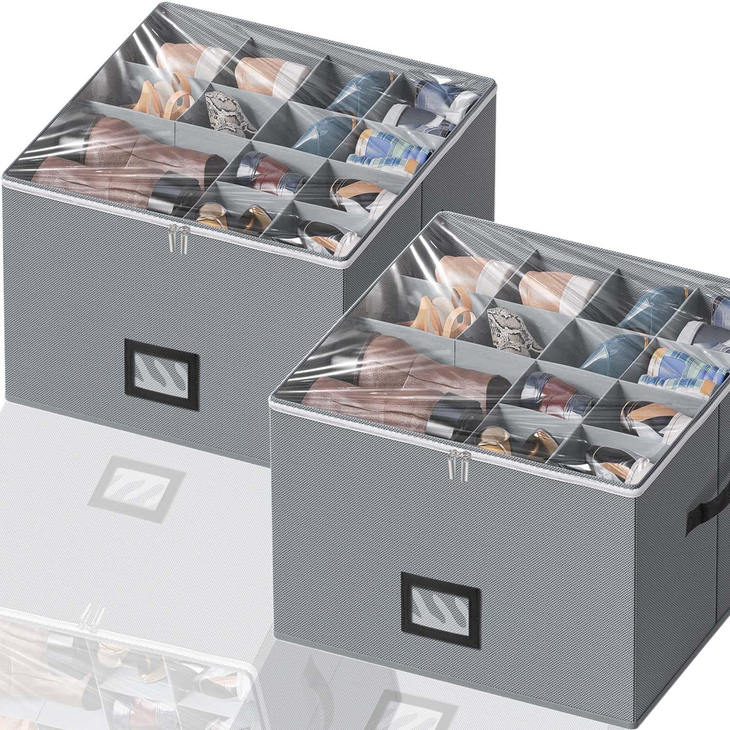 2 Pack Large Shoe Organizer for Closet - Fabric Storage Box with Clear Cover Holds 16 Pairs, Adjustable Dividers for Shoes, Handbags, Blankets & Clothing | Perfect for Bedroom, Walk-in Closet & Entryway Organization