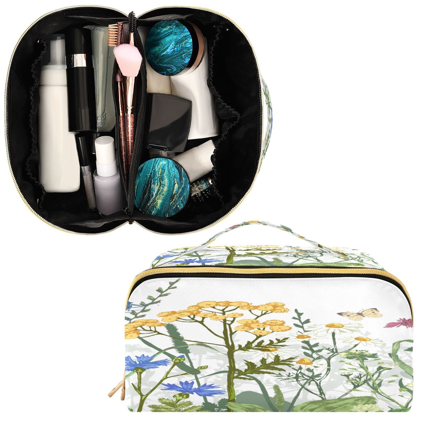 Rhombus Cosmetic Bag - Large Capacity Travel Makeup Organizer with Handle for Women | Floral Butterfly Dragonfly Design | Portable Toiletry Storage for Travel, Gym & Daily Use