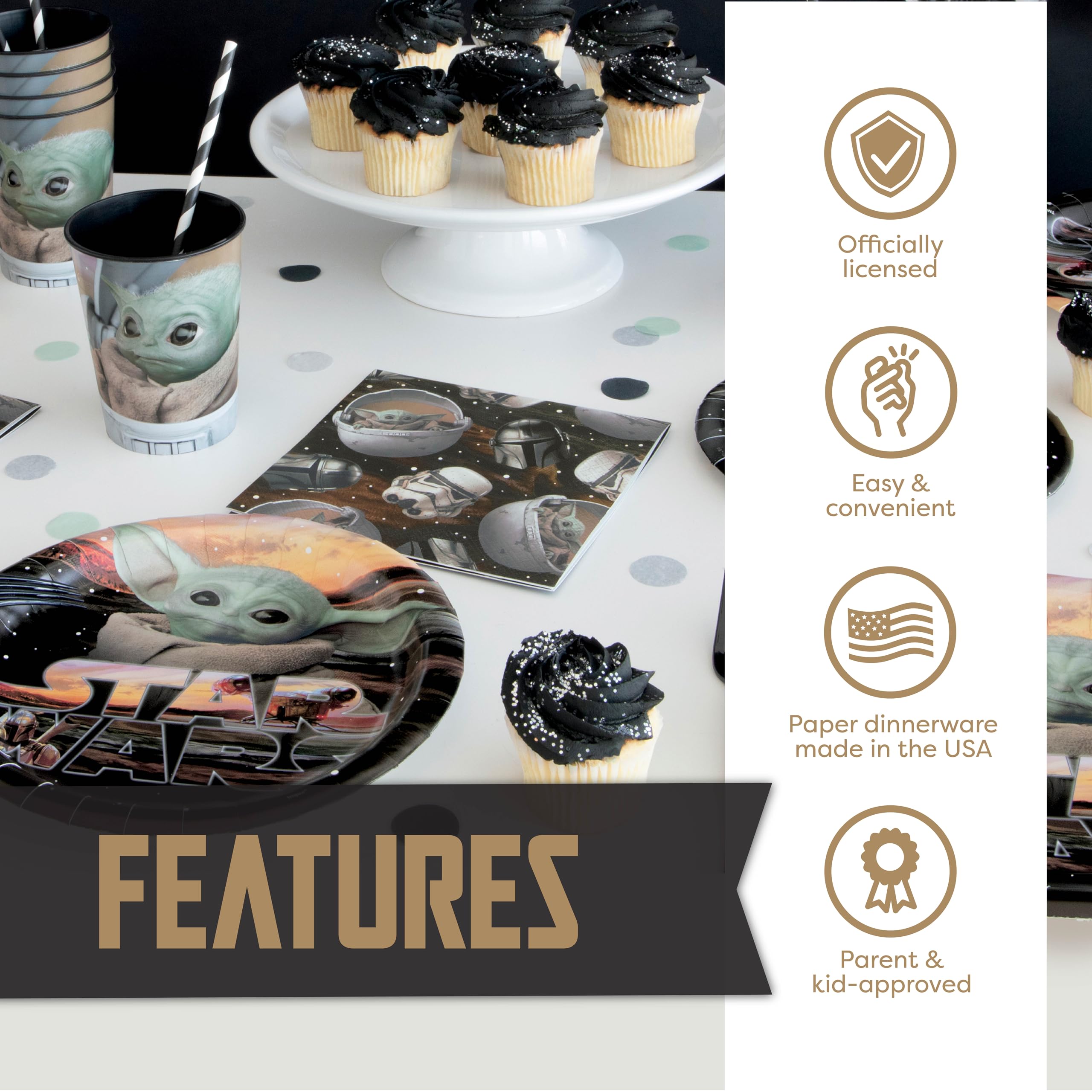 Baby Yoda Birthday Party Decorations Kit - Mandalorian & Star Wars Themed Supplies for 16 Guests - Includes Banner, Table Cover, Plates, Cups, Napkins & Buttons - Perfect for Kids Birthday Parties, Themed Events & Star Wars Fans Celebrations
