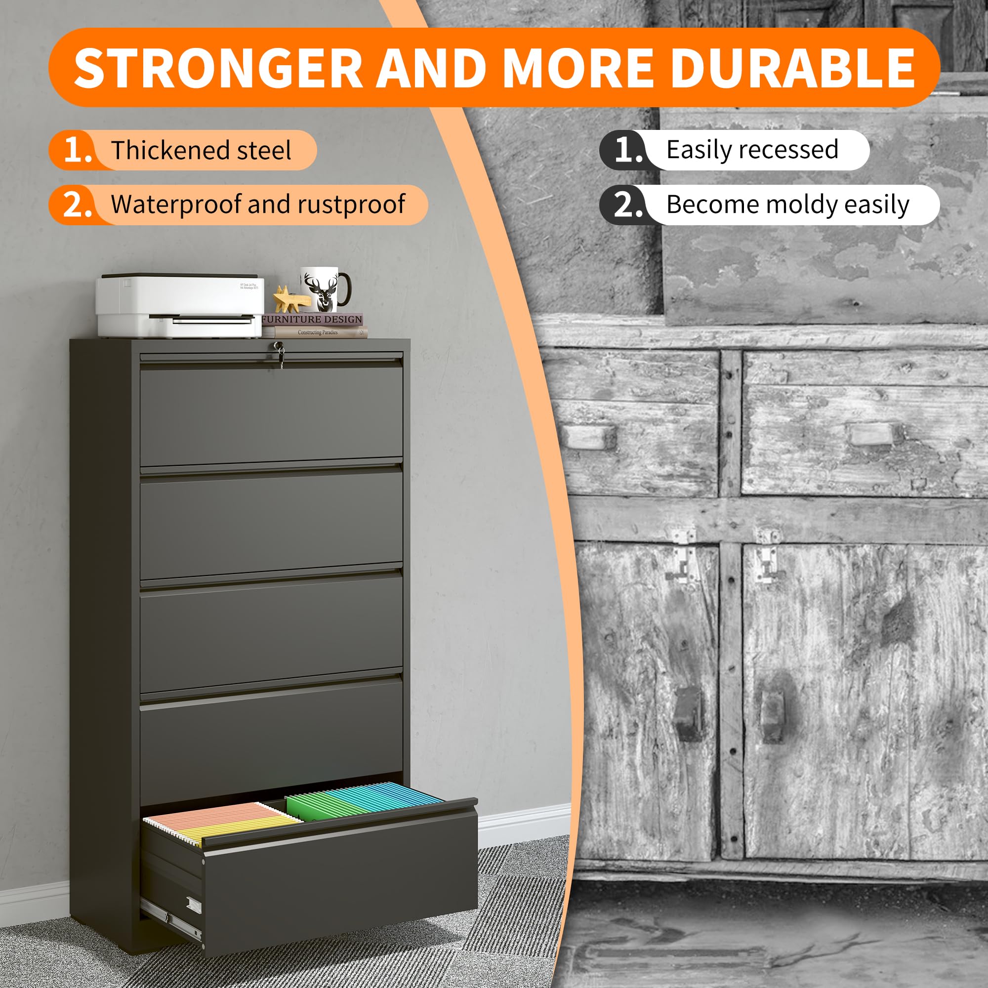 Heavy Duty Locking Metal Filing Cabinet with Drawers - Large Lateral Steel File Cabinet for Legal & Letter Size Documents - Perfect for Home Office, Business Storage & Organization Needs