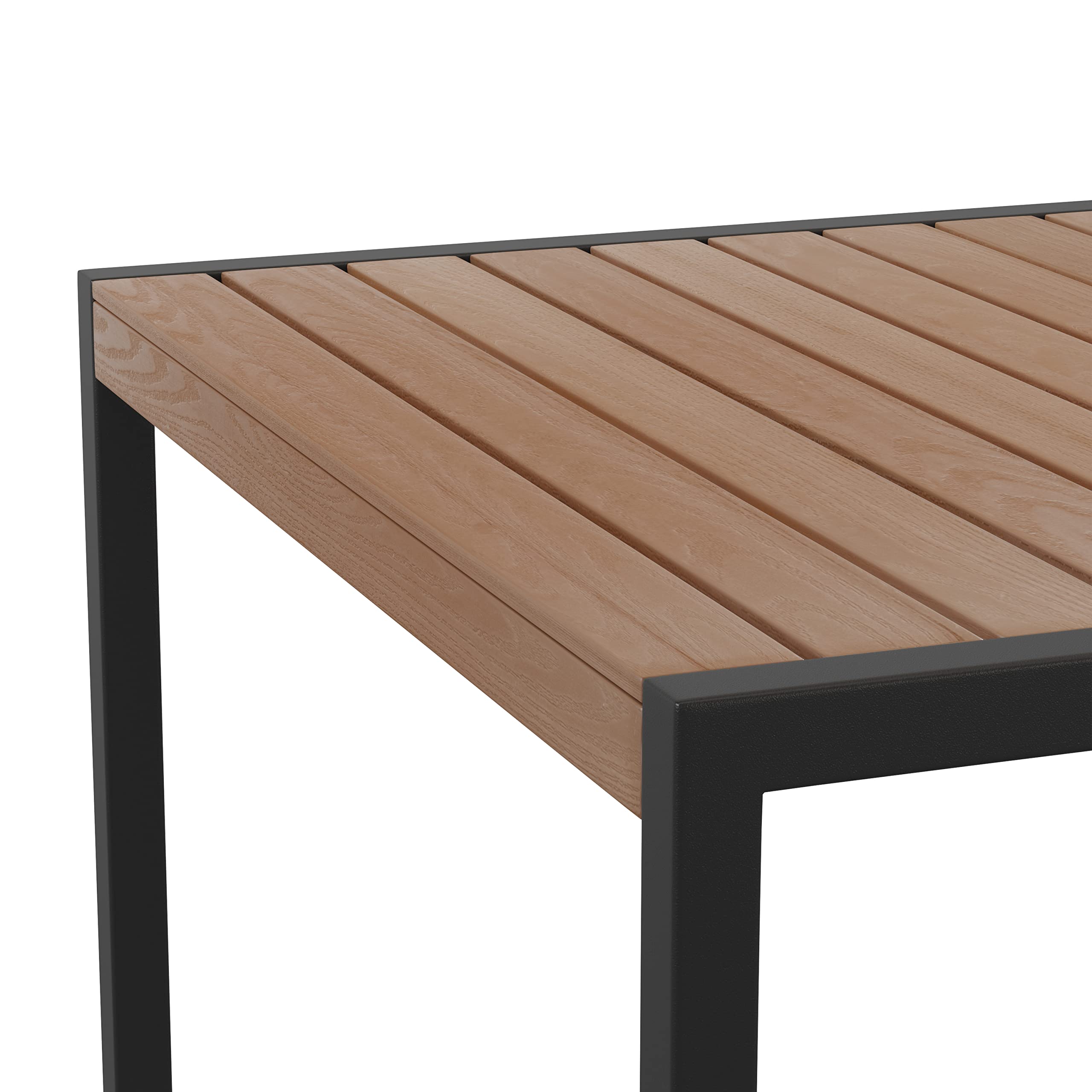 EMMA + OLIVER 30x48 Inch Outdoor Steel Dining Table with Umbrella Hole - Weather-Resistant Faux Teak Poly Slatted Top & Black Frame - Patio Furniture for 4 Adults - Perfect for Backyard, Deck, Poolside Dining