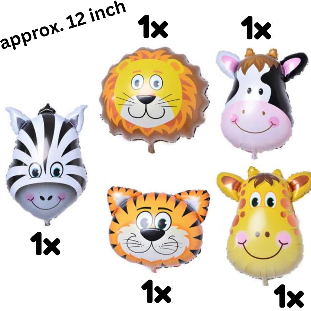 DIWULI Safari Animal Balloons Set - Number 2 Balloon Decorations for Jungle Zoo Wild Theme Birthday Parties (Lion, Giraffe, Tiger, Cow, Zebra) - Perfect for 2nd Birthday Decor, Baby Showers & Safari-Themed Events