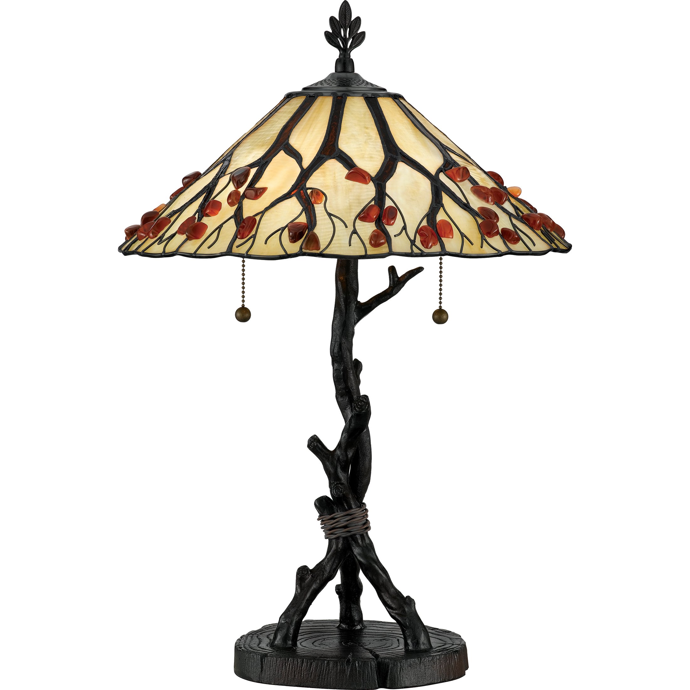 Quoizel Whispering Wood 2-Light Bronze Table Lamp - Handcrafted Tiffany Style Art Glass Desk Lamp with Genuine Agate Stone Accents & Resin Construction - Perfect for Living Room, Bedroom or Office Decor
