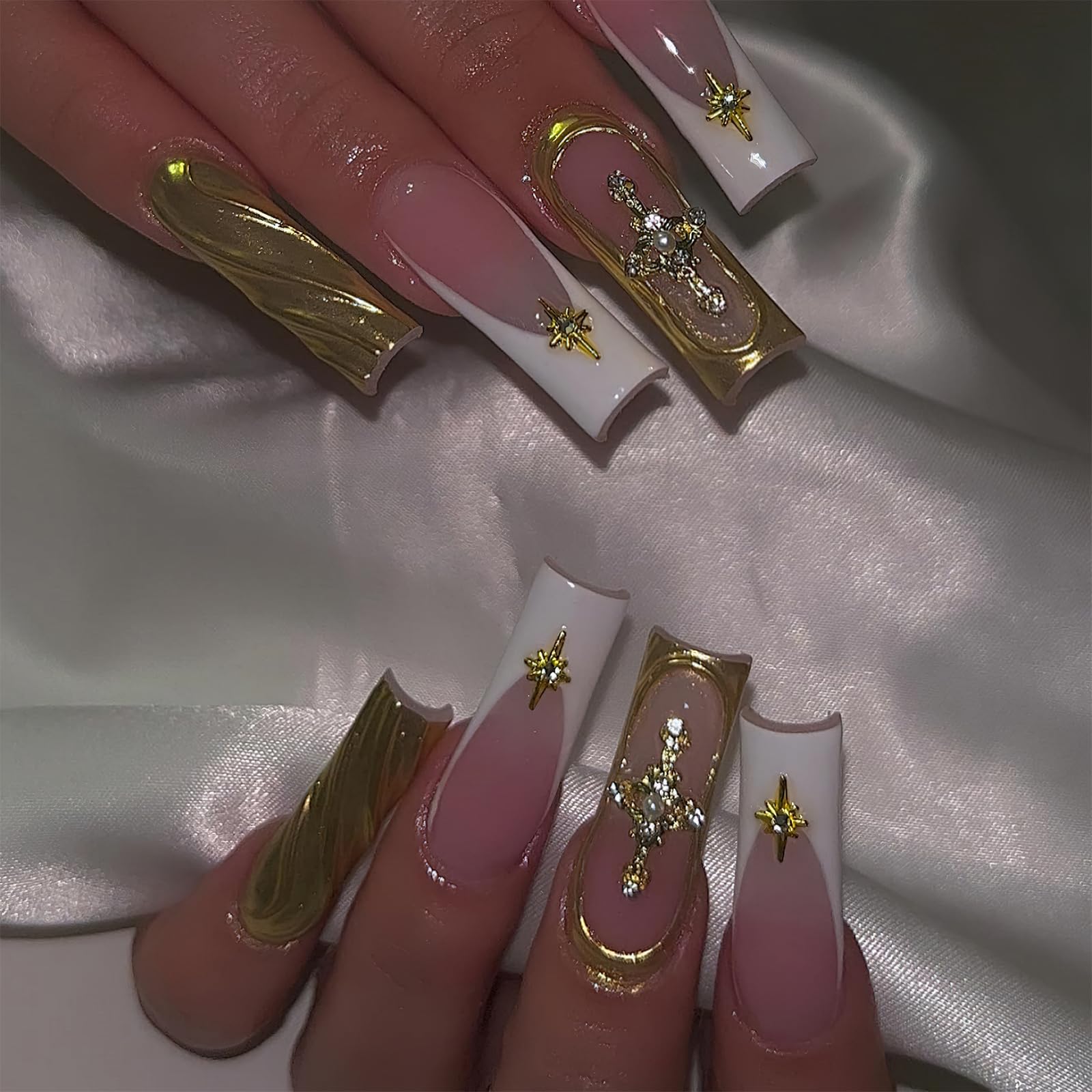 Luxury French Tip Press on Nails - Long Square Glossy Gold Acrylic Fake Nails with 3D Relief Design & Star Charms - 24Pcs Coffin False Nails for Women & Girls - Perfect for Parties, Weddings, and Special Occasions
