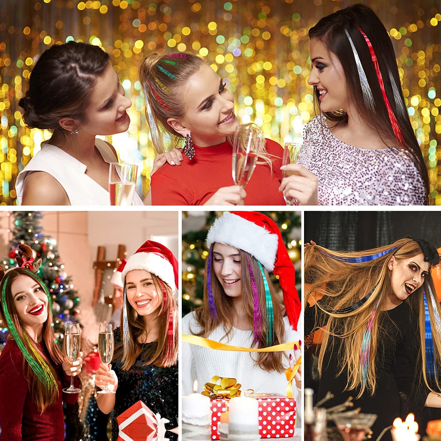Christmas Hair Tinsel Kit - Heat Resistant Glitter Hair Extensions with Beads & Tools (Red, Green, Silver, Gold) for Women, Girls & Kids - Perfect for Christmas Hair Accessories, Halloween Parties & Festive Celebrations