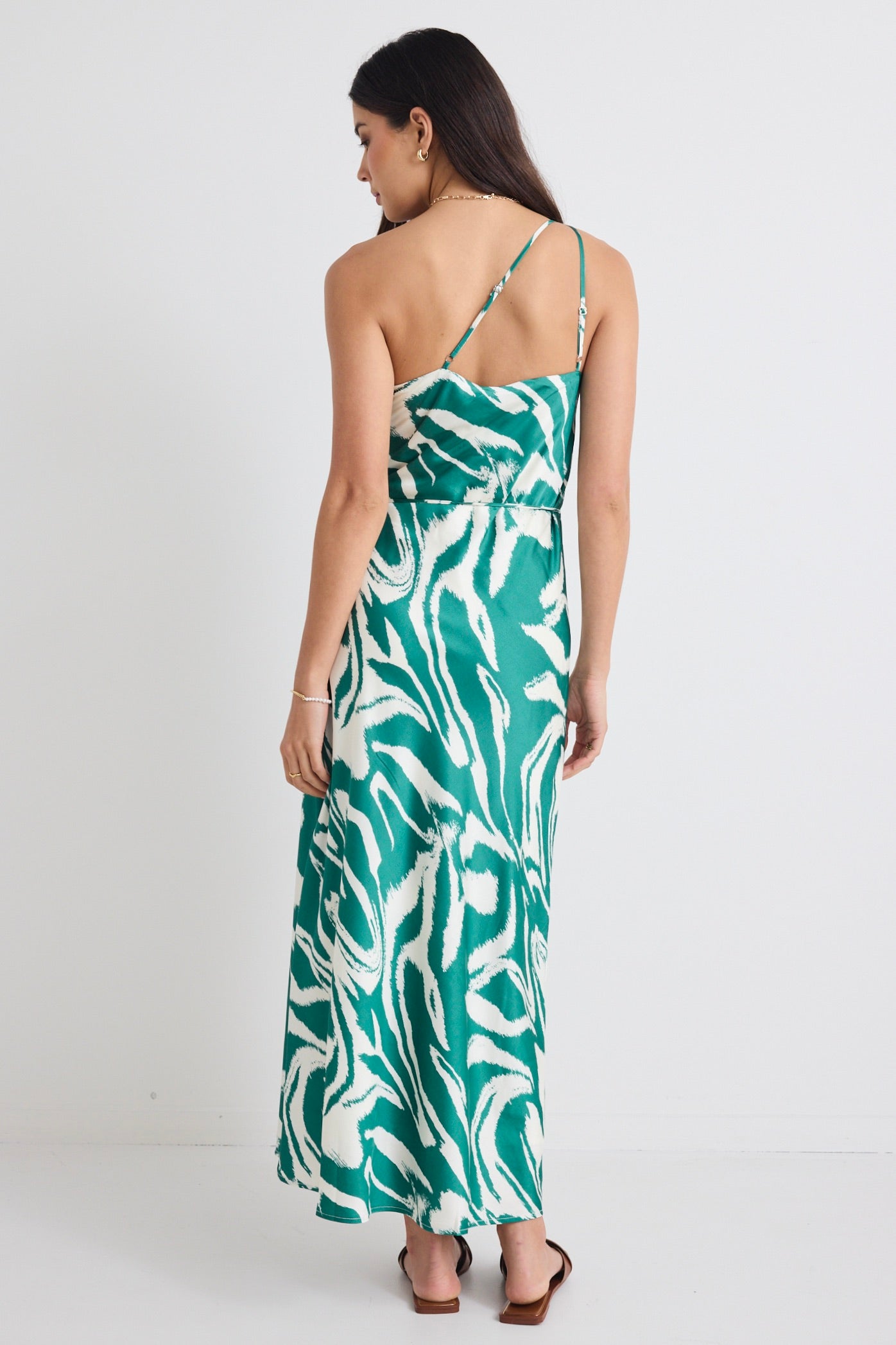 Fame Green Zebra Satin One Shoulder Bias Slip Dress - Elegant Evening Gown for Cocktail Parties & Date Nights