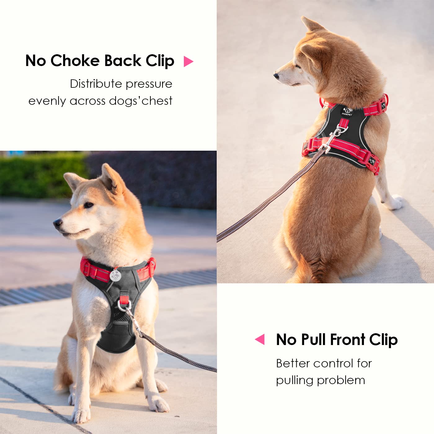 PHOEPET No Pull Dog Harness - Reflective Adjustable Pet Vest with Soft Training Handle & Metal Clips for Small Medium Large Dogs (Black/Red, Medium) - Perfect for Walking, Running, and Outdoor Adventures