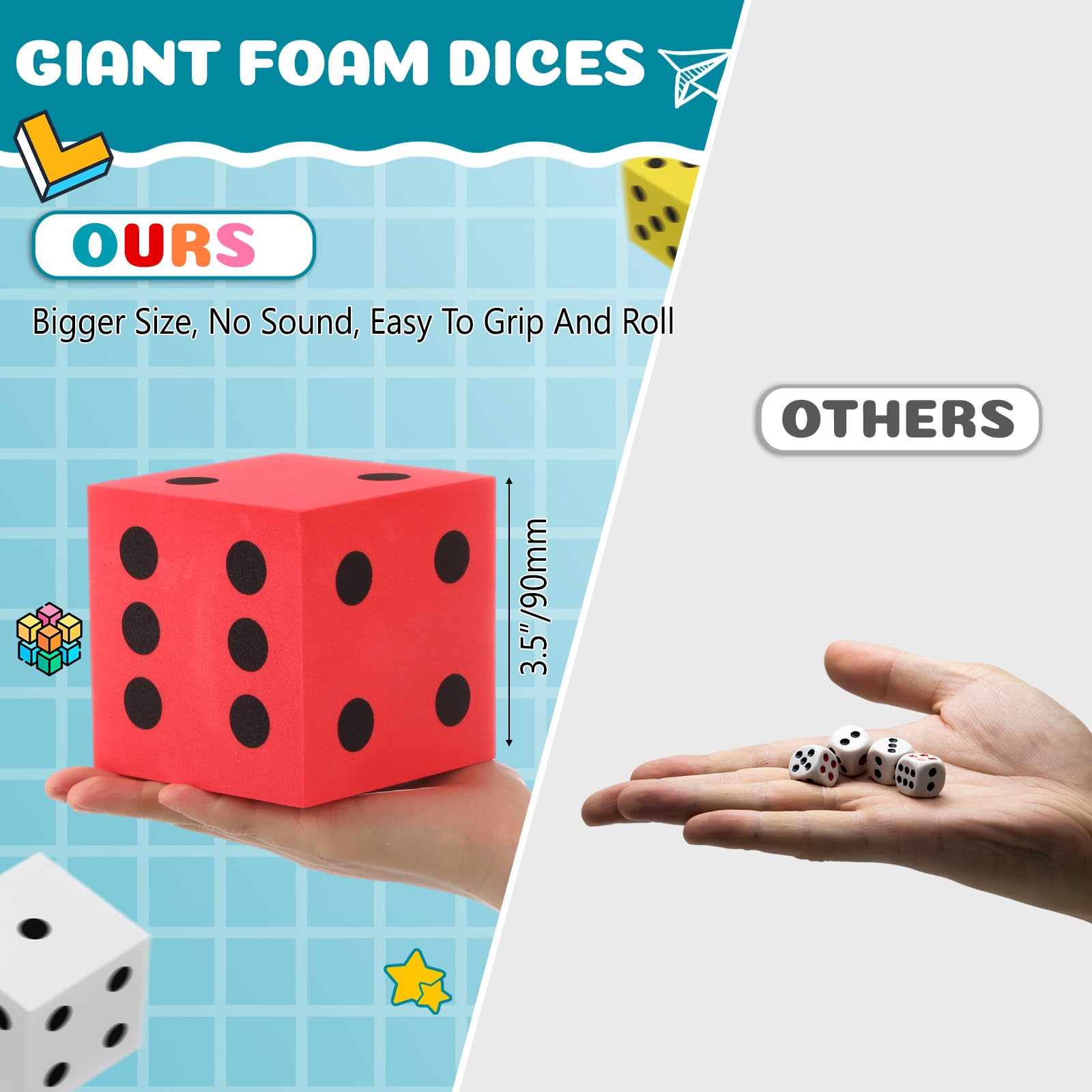 Shappy 4-Piece Jumbo 3.5 Inch Foam Dice Set with Number Dots - Giant Soft Cube for Math Games, Classroom Activities, Christmas Parties & Gift Bags (Red, Yellow, Blue, White) - Perfect for Educational Toys, Board Game Nights, and Kids' Birthday Party Favors