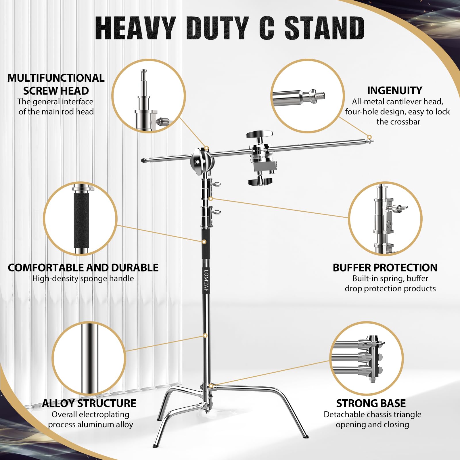 LOMTAP Heavy Duty C Stand Light Stand Kit - 10.8ft Stainless Steel Photography Stand with Boom Arm, Adjustable Base & Sandbag for Studio Lighting, Softbox, Reflector - Perfect for Professional Photography, Videography, and Film Production
