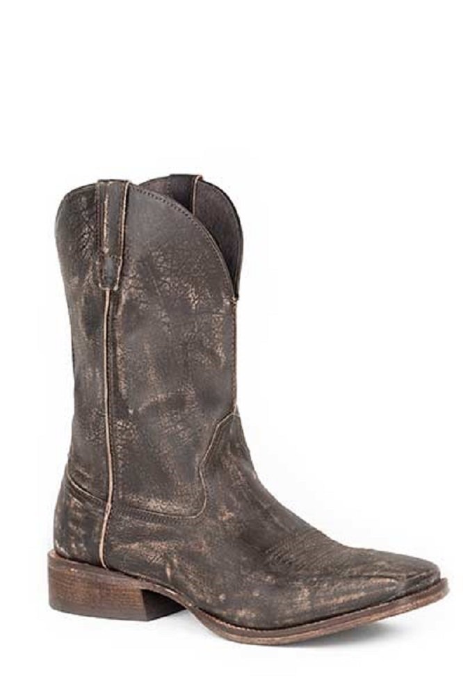 Roper Men's Size 12 Distressed Brown Leather Square Toe Pull On Boots with Padded Insole - Comfortable Western Work Boots for Cowboy, Ranch, and Outdoor Activities