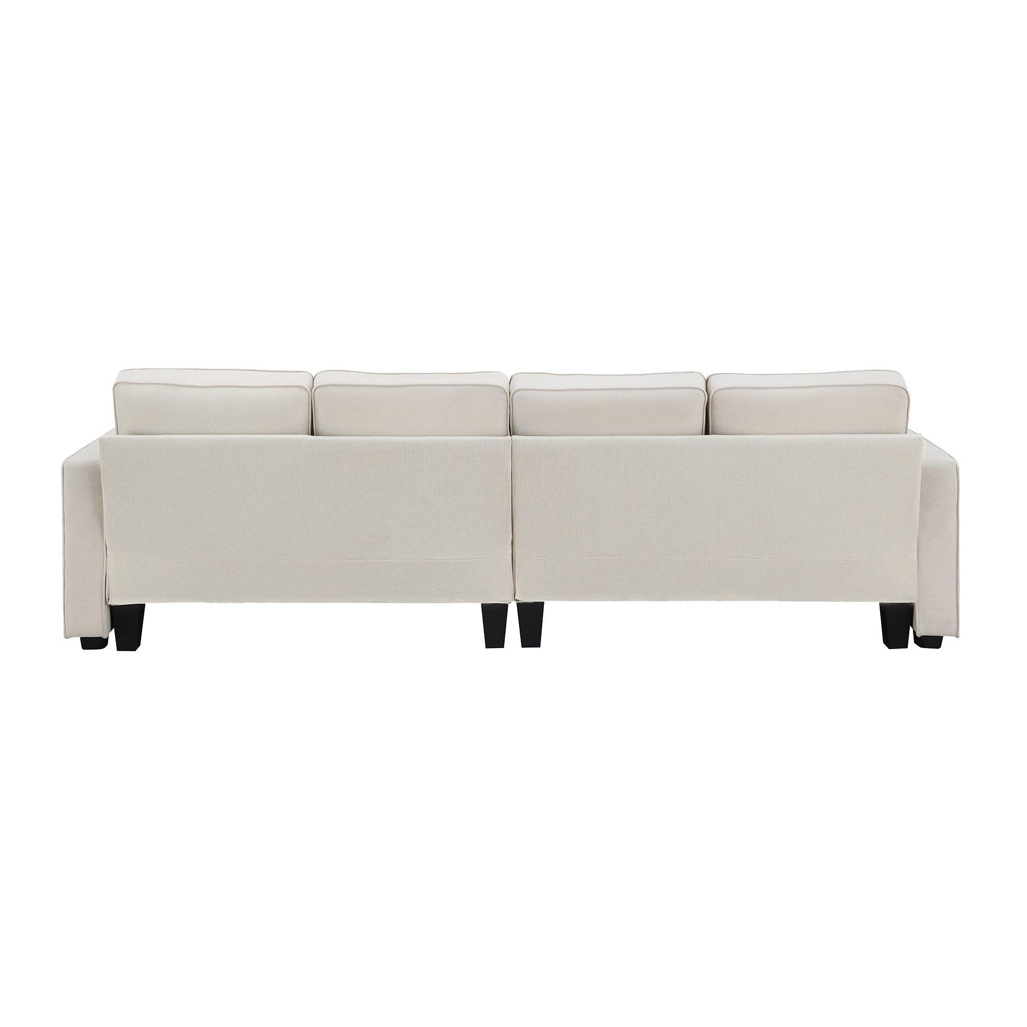 Modern 4-Seater Linen Fabric Sofa with Armrest Storage Pockets & 4 Throw Pillows - Minimalist Living Room Couch for Small Spaces, Apartments and Cozy Home Decor
