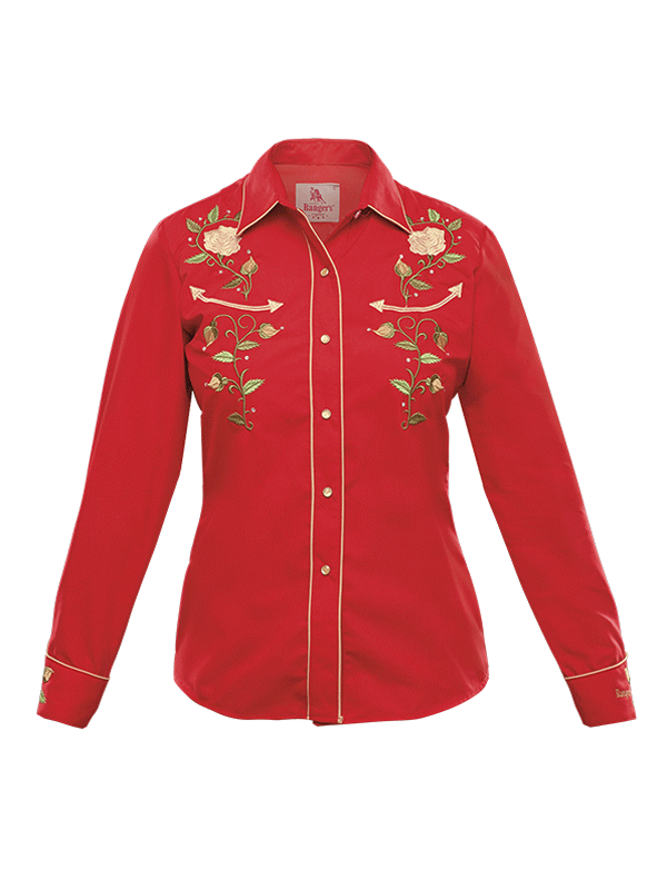 Rangers 011NA01 Girls Western Shirt - Long Sleeve Embroidered Red Cowgirl Top for Rodeo, Horse Riding & Country Fashion