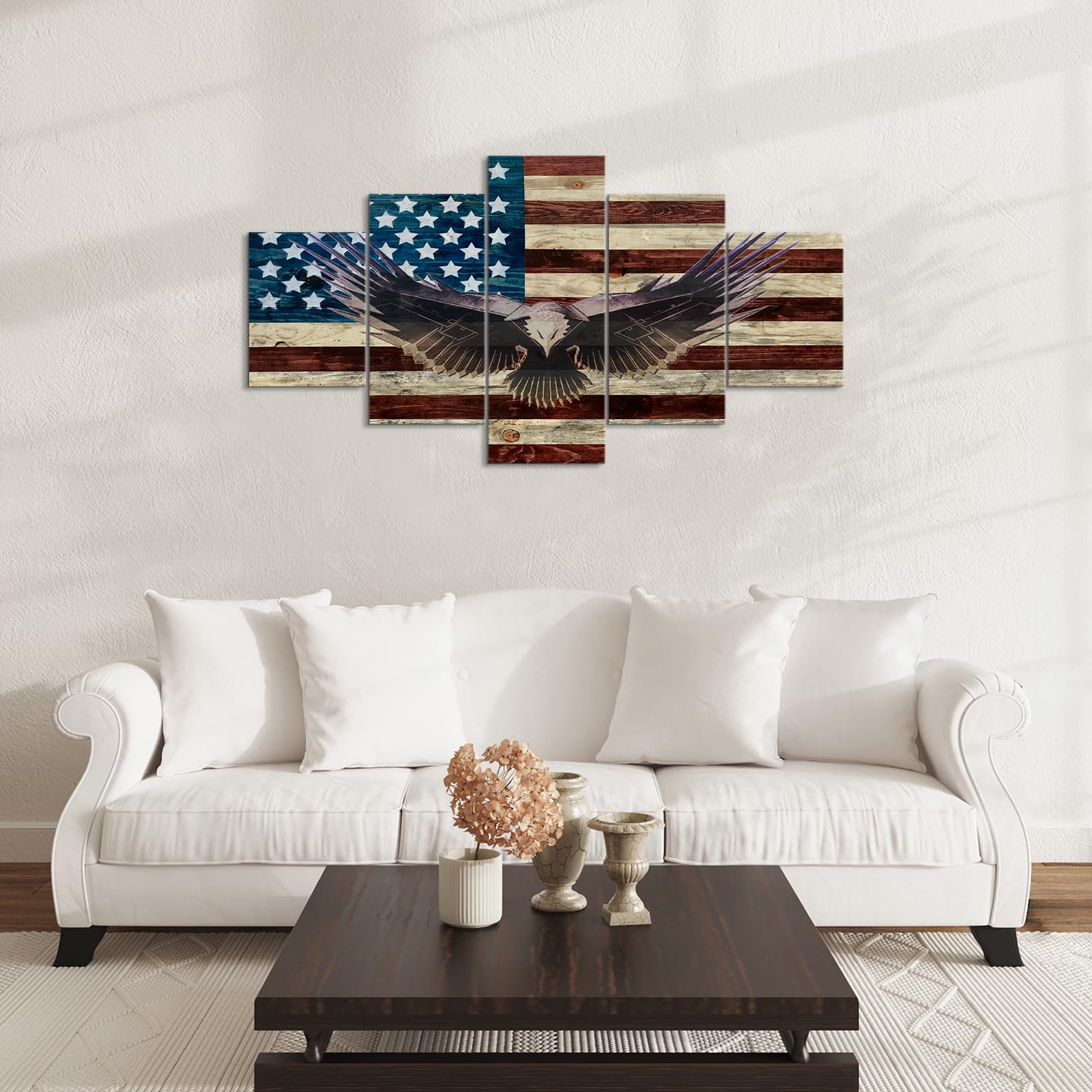 5 Piece American Flag Canvas Wall Art - Patriotic Wooden Flag Decor for Home & Office - Military Army Themed Bald Eagle Poster (70''W x 40''H) - Perfect for Living Room, Bedroom, or Office Wall Decor