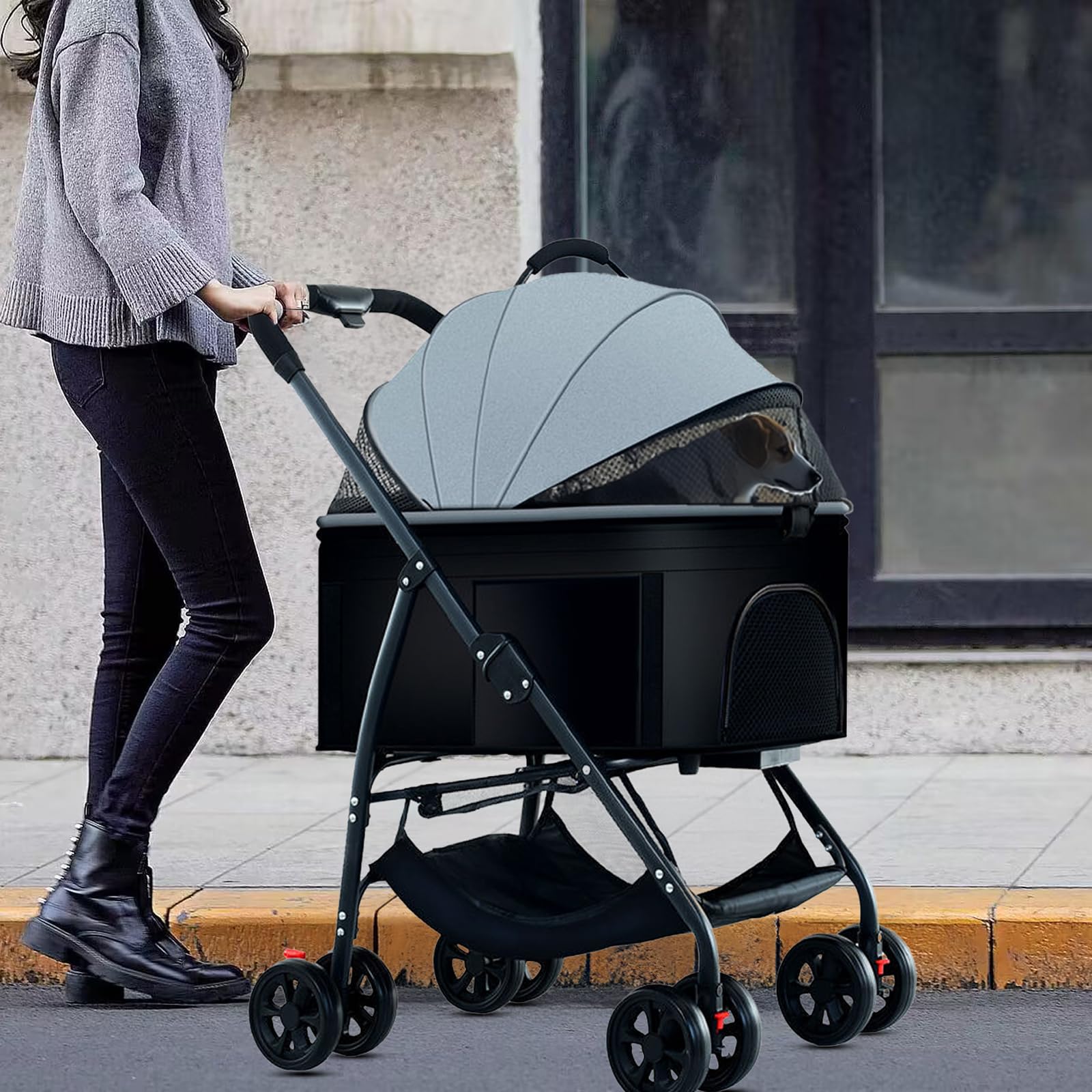 3-in-1 Folding Lightweight Pet Stroller for Dogs & Cats up to 55lbs - Travel Carrier with Storage Basket, Jogger Wagon for Small & Medium Pets (Grey) | Perfect for Park Walks, Vet Visits & Outdoor Adventures