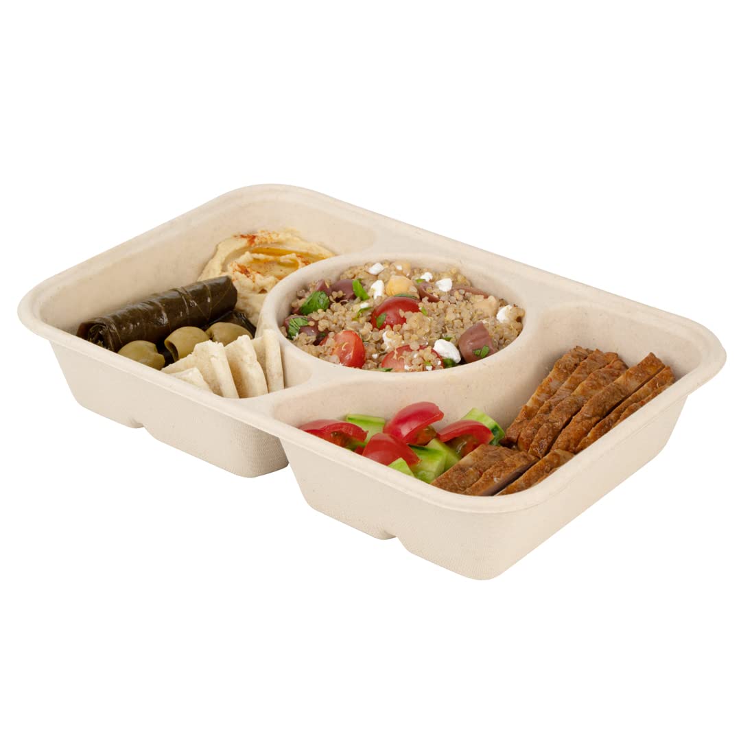 Eco-Friendly 31.3oz Sugarcane Fiber Takeout Containers - 100-Pack 3-Compartment Microwavable To-Go Boxes | Sustainable Bagasse Food Containers for Restaurants, Catering & Meal Prep (Lids Sold Separately)