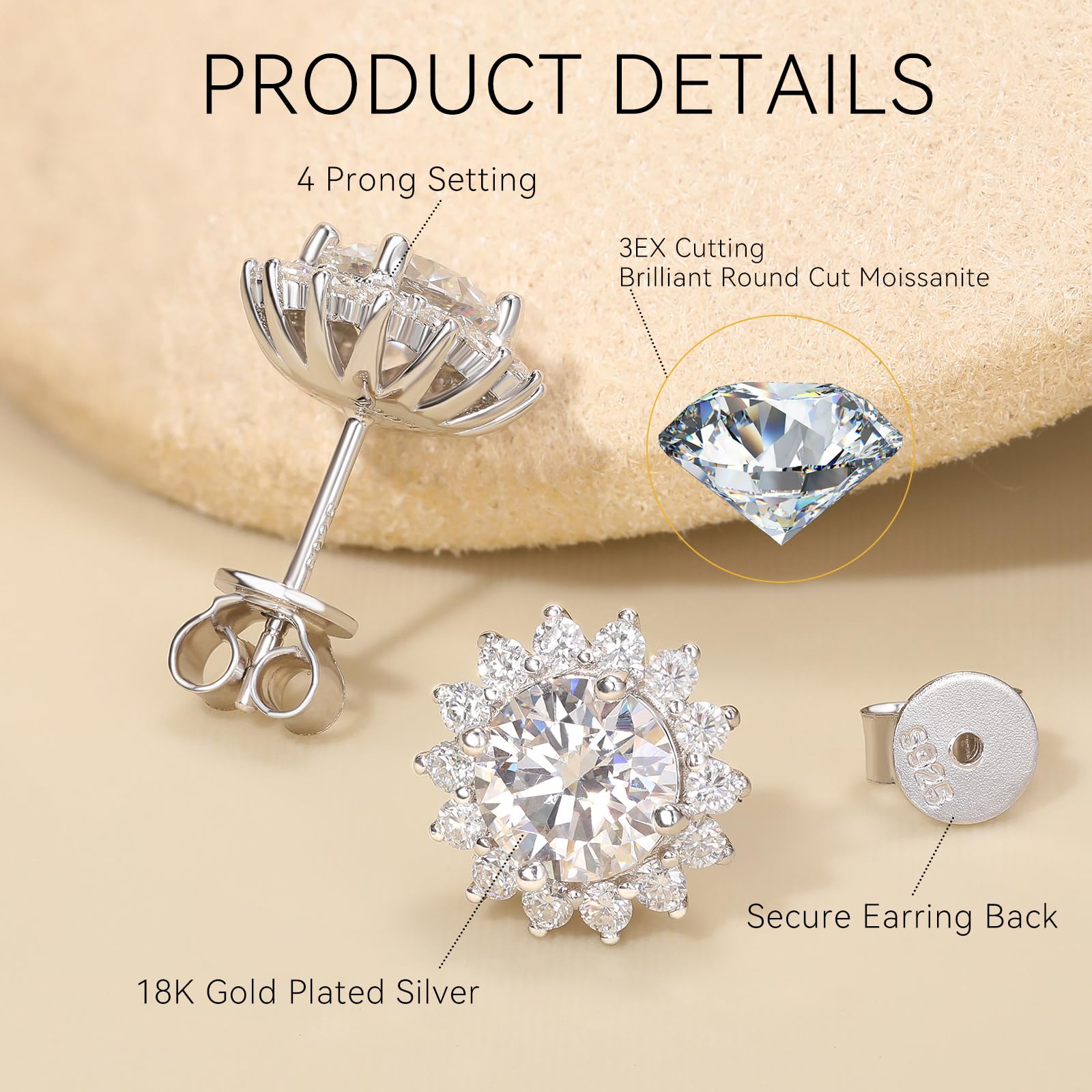 Moissanite Stud Earrings 0.2CT-8.0CT | 18K Yellow Gold Plated | D Color VVS1 Clarity | Round Cut Lab Created Diamond | S925 Sterling Silver Hypoallergenic | Anniversary & Wedding Gifts for Women & Men | Perfect for Everyday Wear, Date Nights & Special Occasions