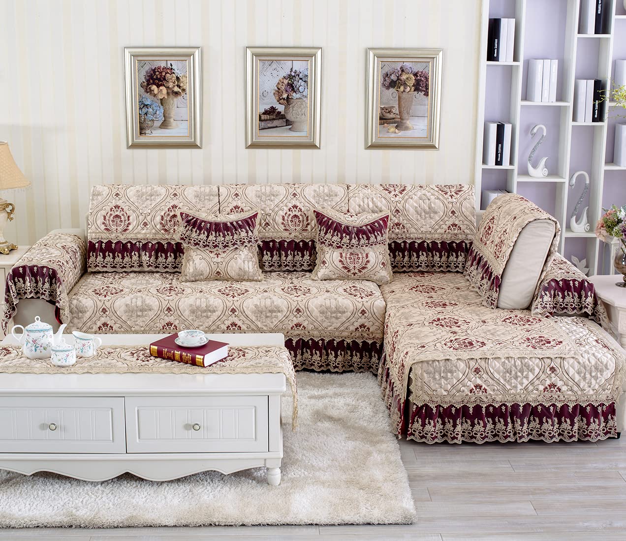 VCTOPS Classic Floral Jacquard Sofa Cover with Lace Ruffles - Luxury Non-Slip Quilted Sectional Couch Slipcover - Furniture Protector for Living Room (Wine Red, 24