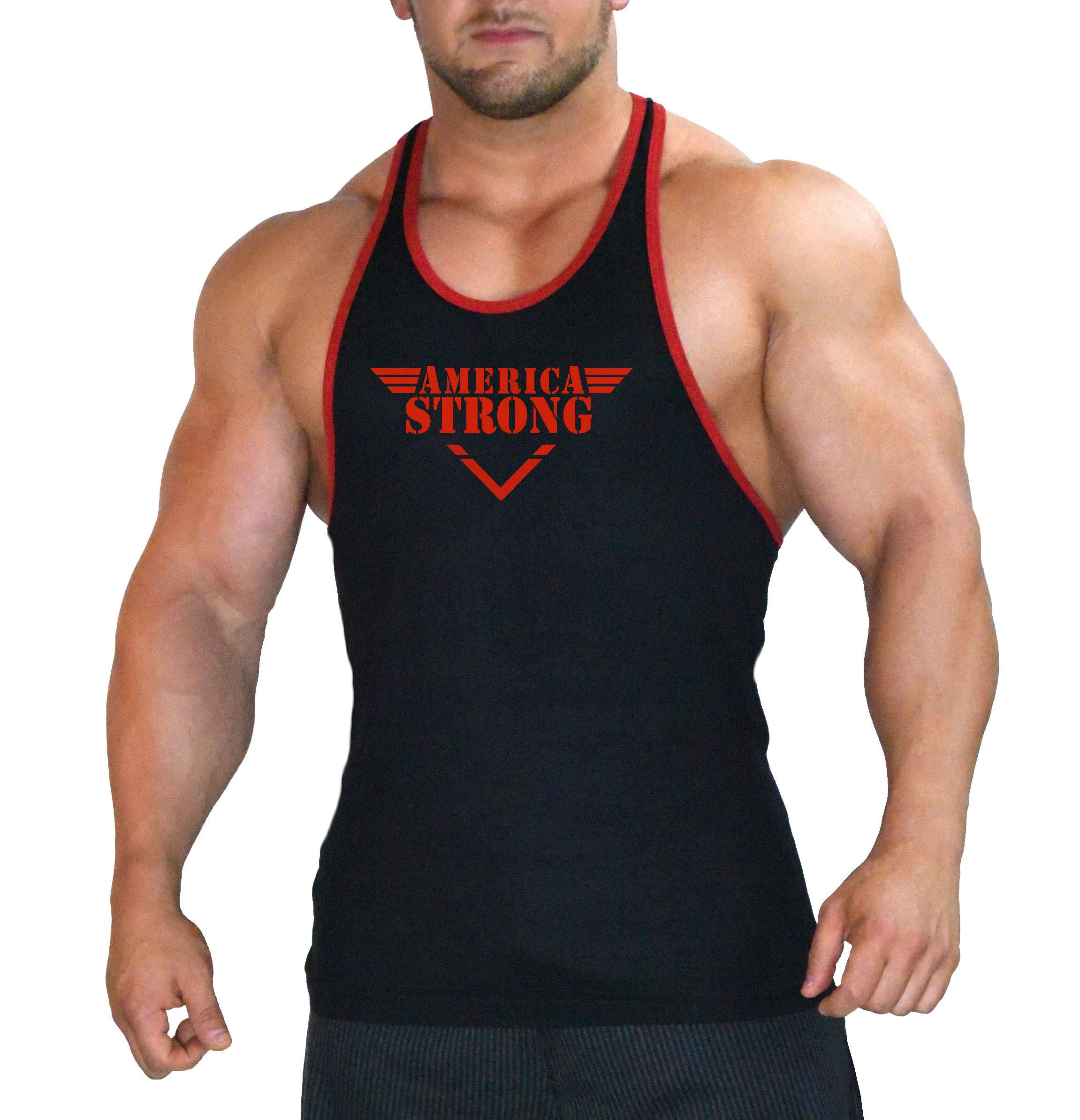 Men's Workout Bodybuilding Gym Fitness Training Tank Top - Black/Red with America Strong Graphic - Perfect for Weightlifting, CrossFit & Strength Training