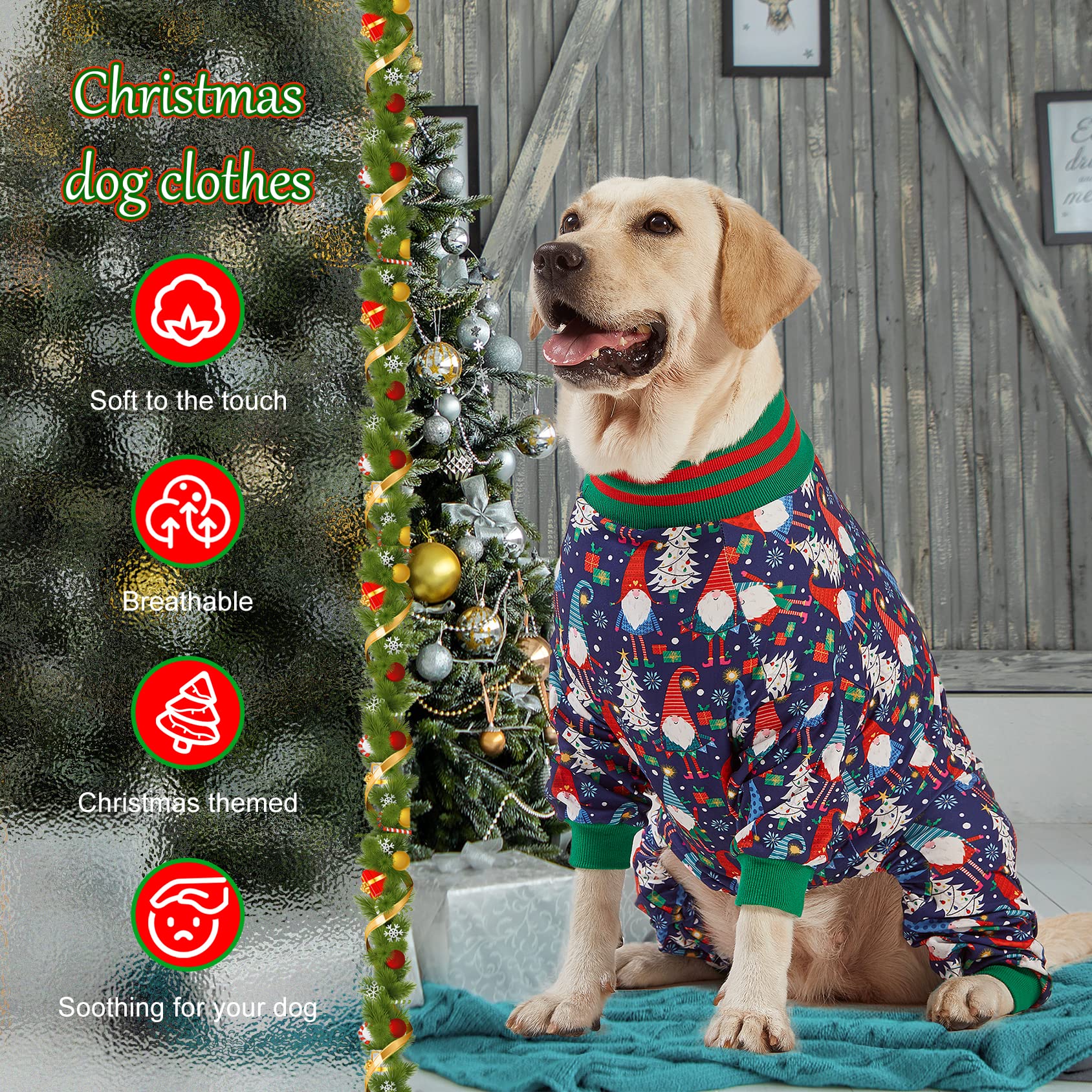 LovinPet Large Dog Christmas Pajamas - Festive Holiday Dog Outfit with Navy Gnome Print, Lightweight Pullover Onesie for Pitbulls & Medium Dogs | Perfect for Christmas Photos & Family Gatherings