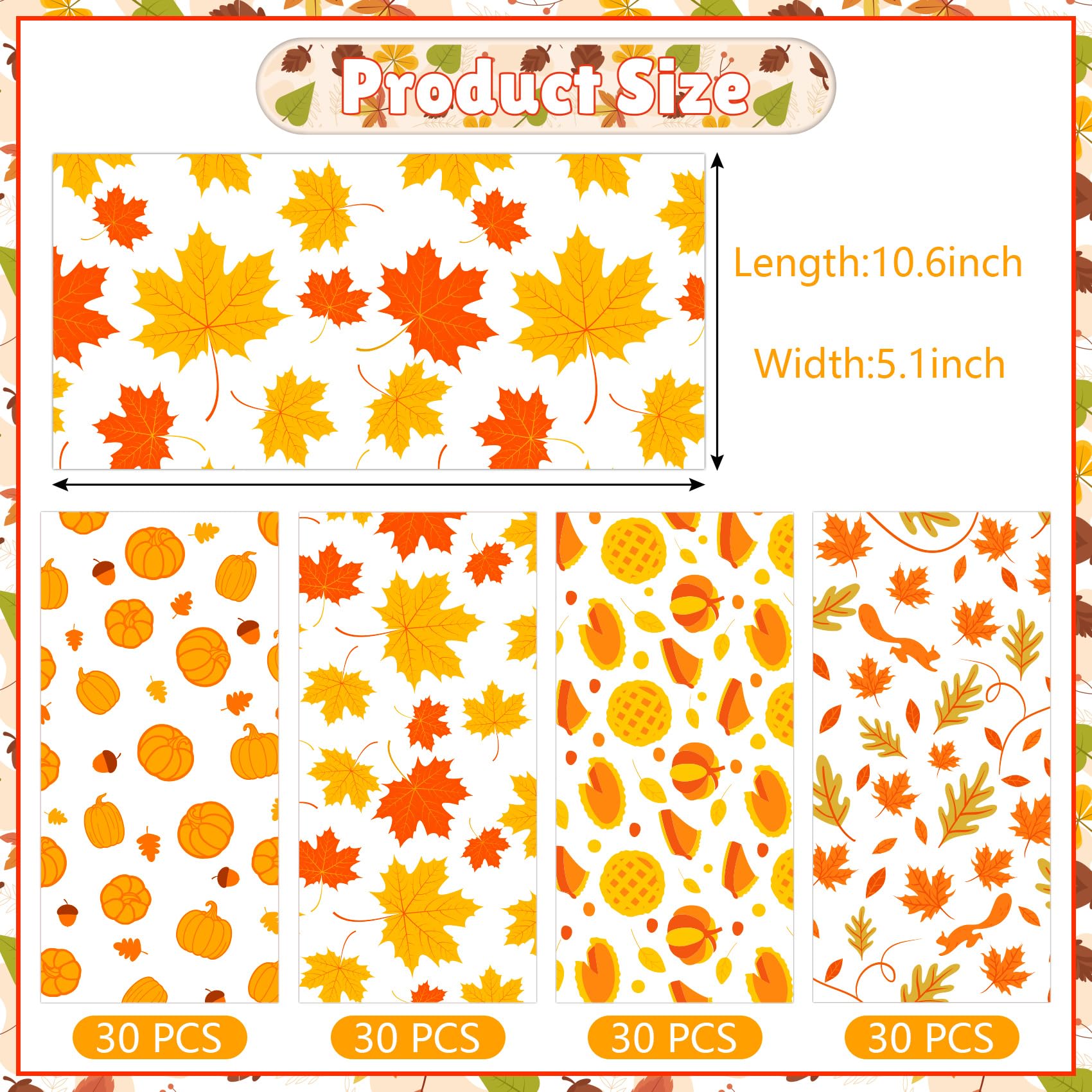 WATCPNO 120 Pack Autumn Thanksgiving Cellophane Treat Bags - Fall Party Favor Supplies, Candy Goodie Bags for Halloween, Thanksgiving Celebrations & Holiday Decorations | Perfect for Classroom Treats, Office Parties & Family Gatherings