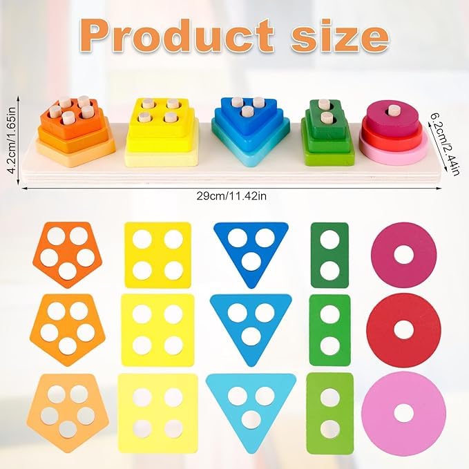 Montessori Wooden Stacking Toys for Toddlers - Safe Peg-Free Shape Sorter Learning Toys | Educational Preschool Toys for Babies & Kids | Perfect Birthday Gift for Various Game Play & Early Childhood Development | Ideal for Home, Classroom & Daycare Activities